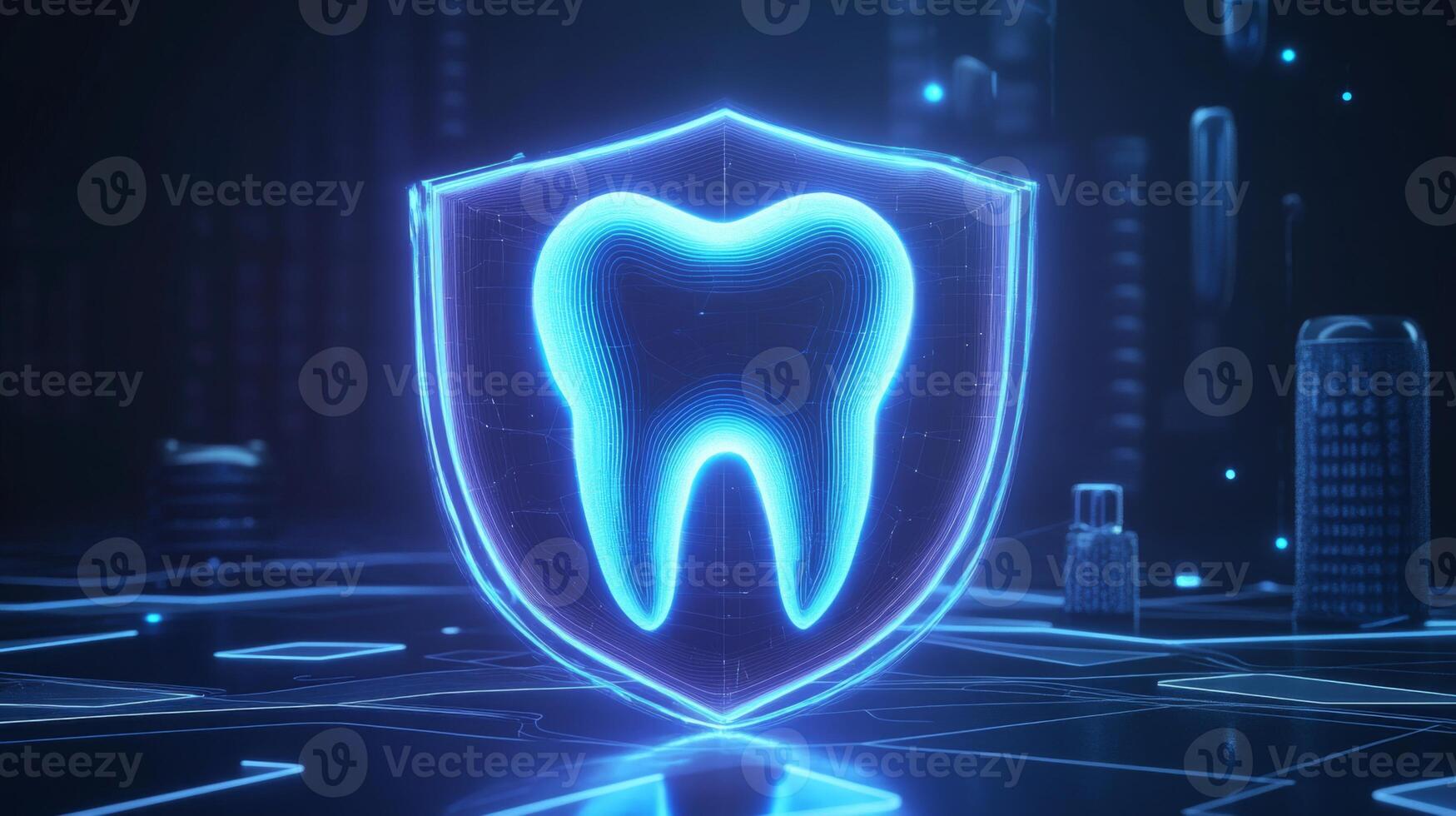 A digital shield featuring a stylized tooth symbol demonstrates the integration of artificial intelligence in healthcare. photo