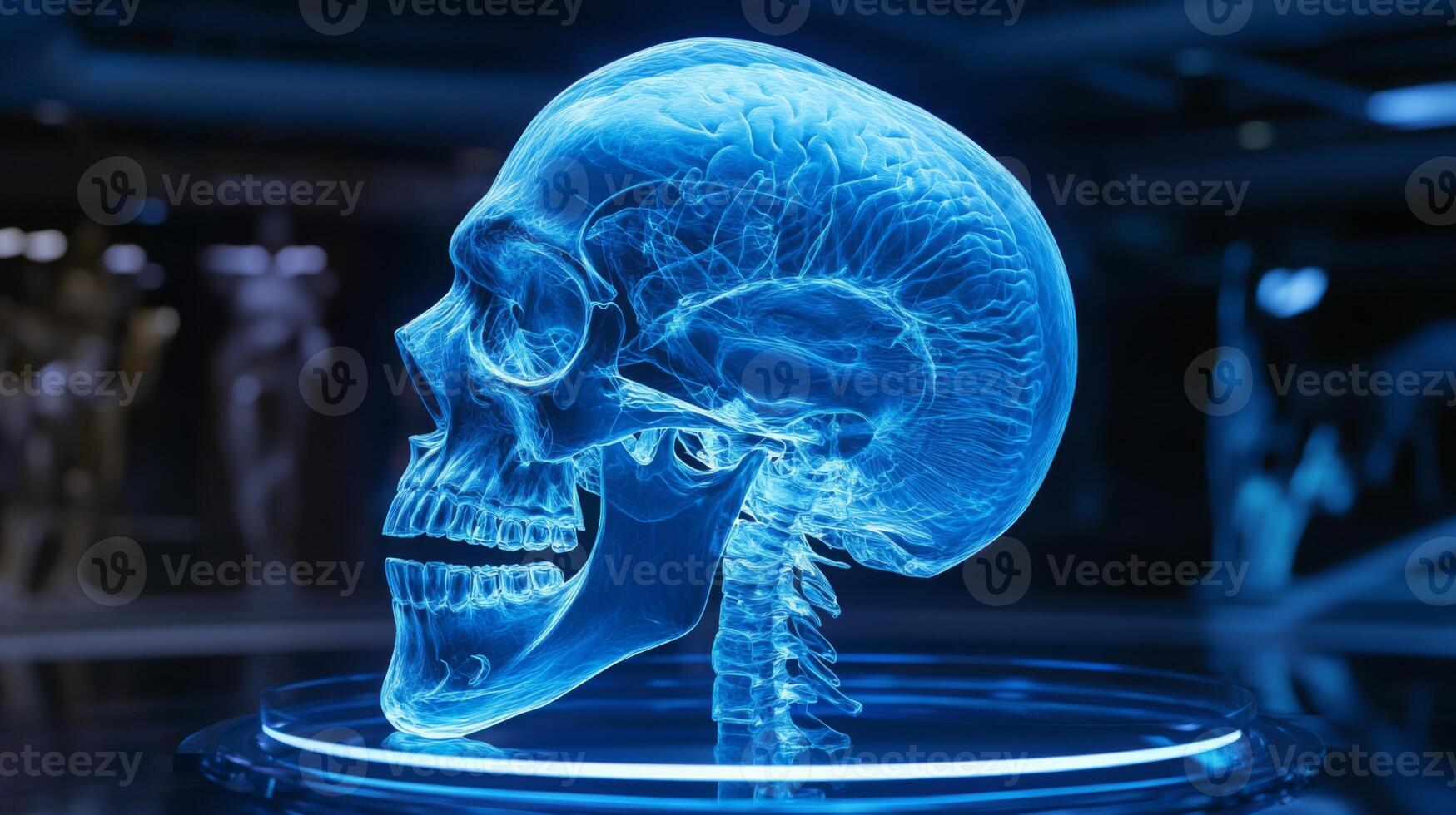 Illuminated digital model of a human skull highlights the intricate details of dental anatomy and structures. photo