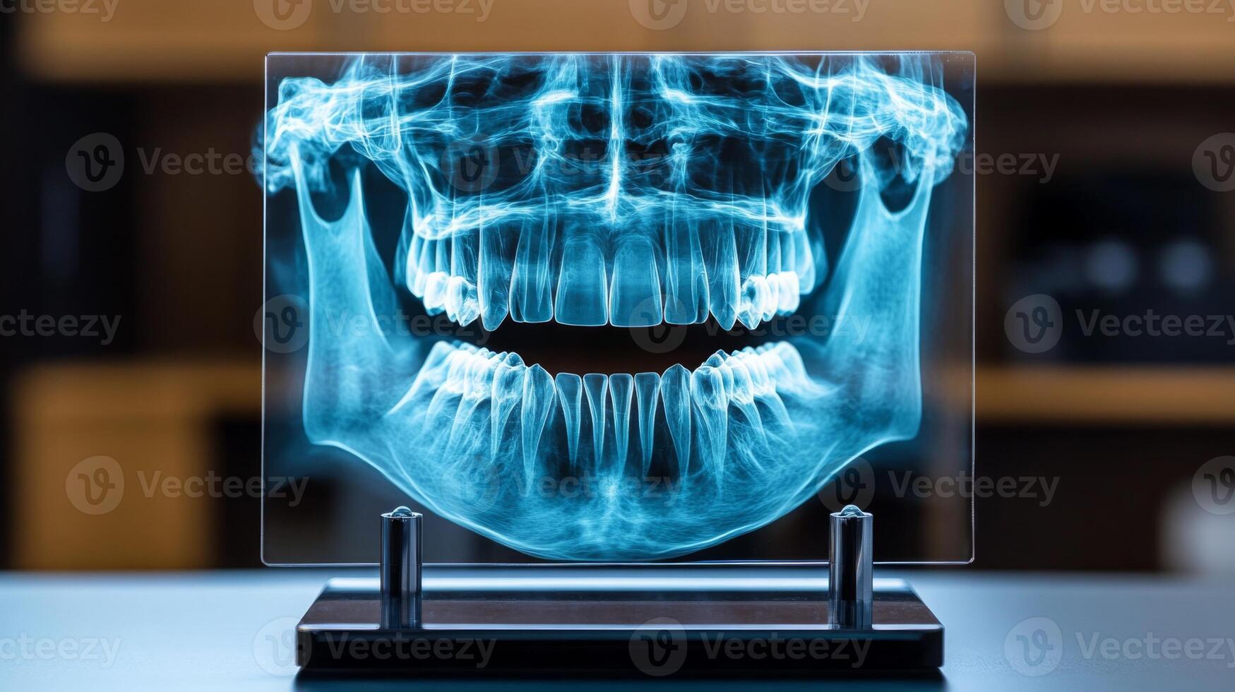 A detailed digital x-ray display of a human jaw shows precise dental structures. This technology aids dentists in better diagnosing oral health issues and planning effective treatments. photo