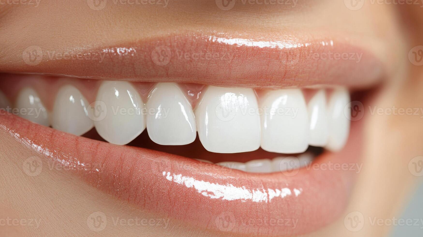 Close-up of a healthy smile with perfectly aligned, white teeth. The individual appears satisfied, highlighting the results of recent dental care, emphasizing oral health and aesthetics. photo