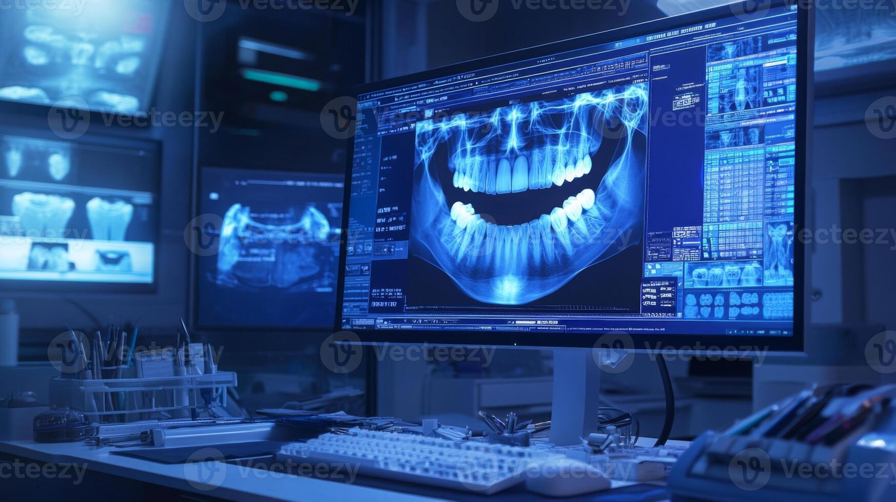 A modern dental clinic environment features a large monitor displaying detailed dental X-rays. photo