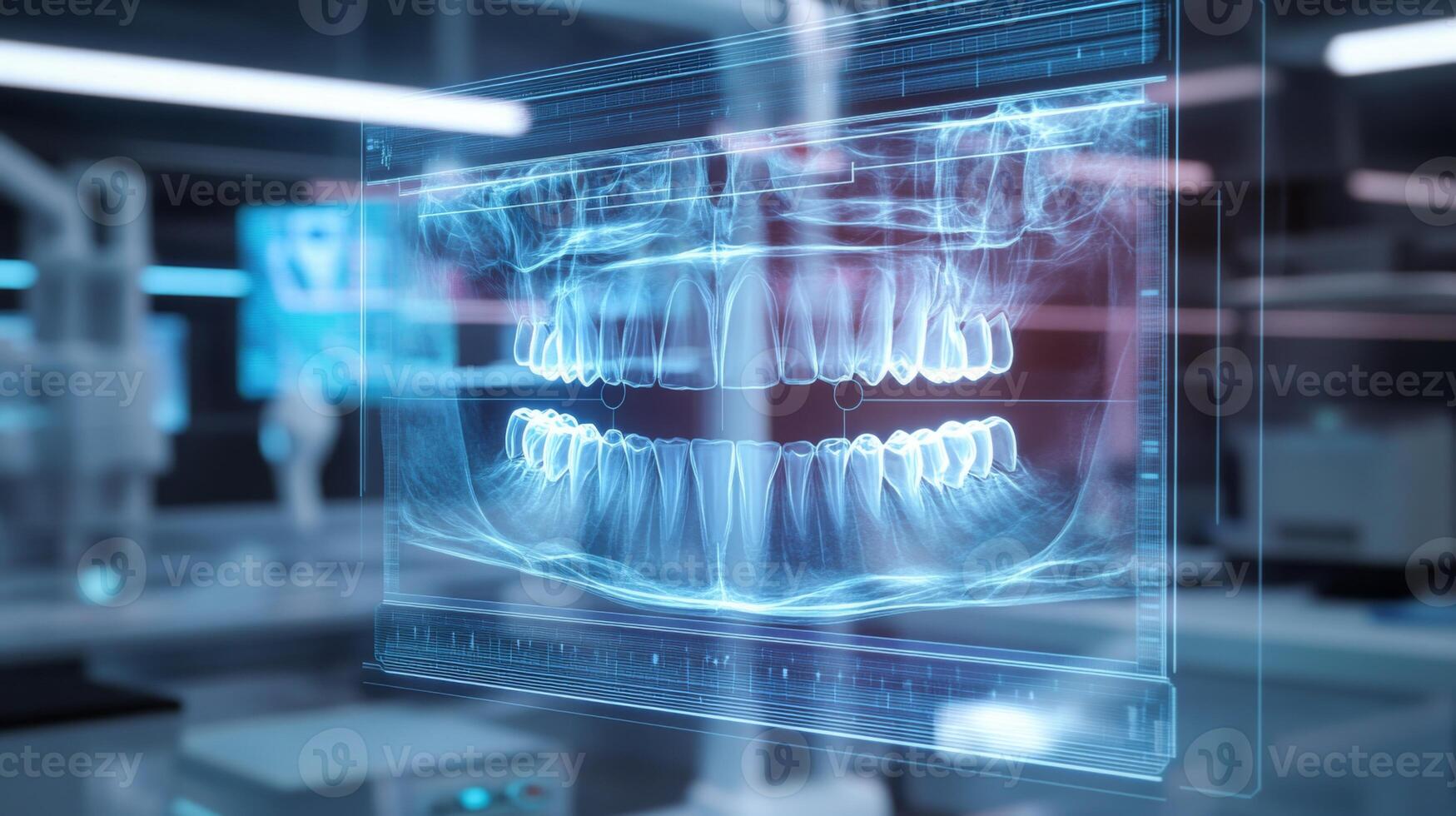 Advanced digital technology displays a detailed x-ray of a human jaw with teeth. This cutting-edge technique enhances the diagnosis and treatment planning within a contemporary dental clinic. photo