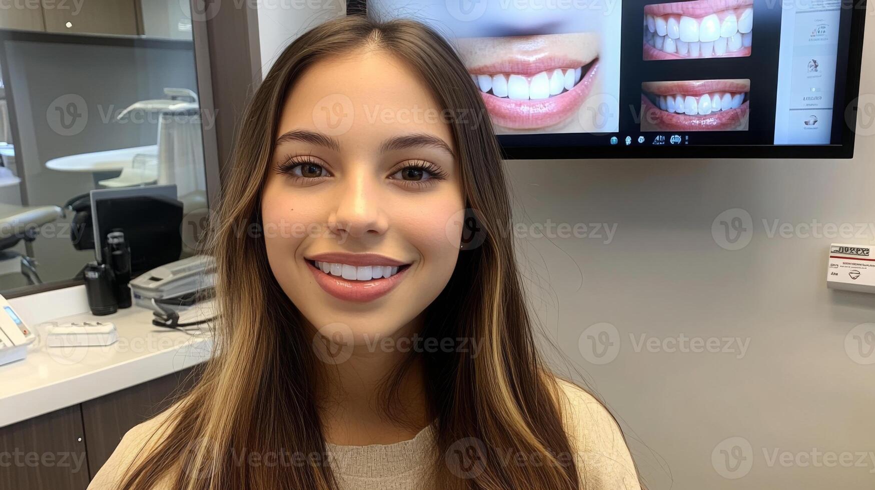 A young woman with a bright smile stands in a modern dental clinic, highlighting advancements in dental care. Behind her, screens display images of healthy teeth and gums. photo