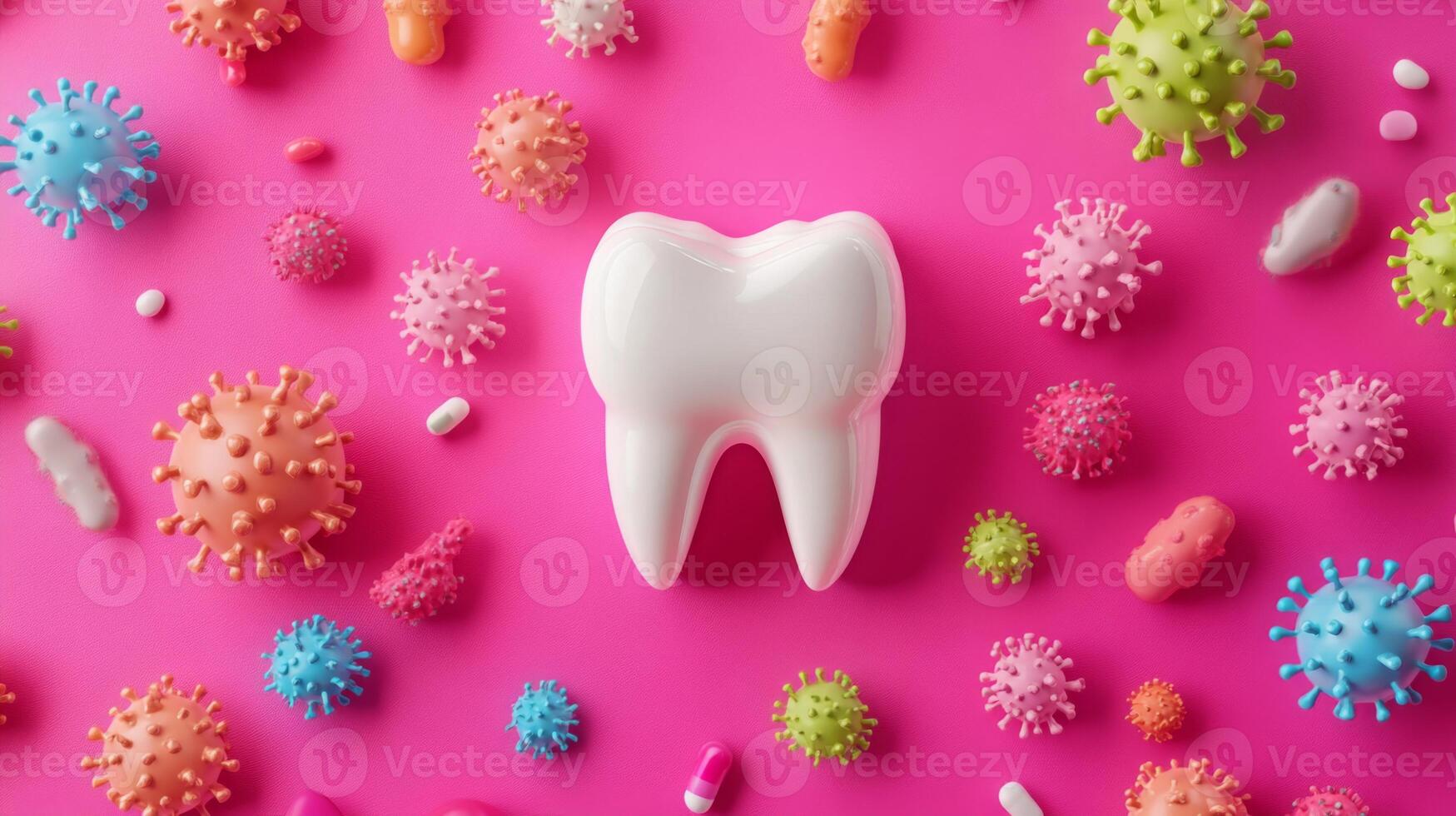 A white tooth model sits prominently on a vibrant pink background, surrounded by various colorful microbe representations. photo