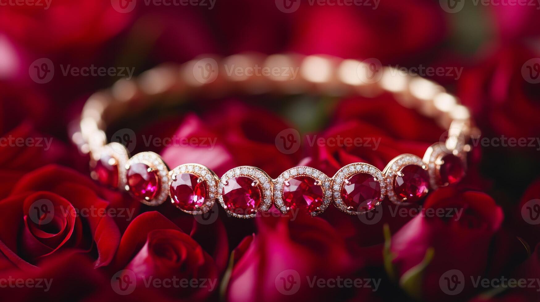 A stunning ruby bracelet is nestled within a bed of red roses, showcasing its intricate design and brilliant gemstones. photo