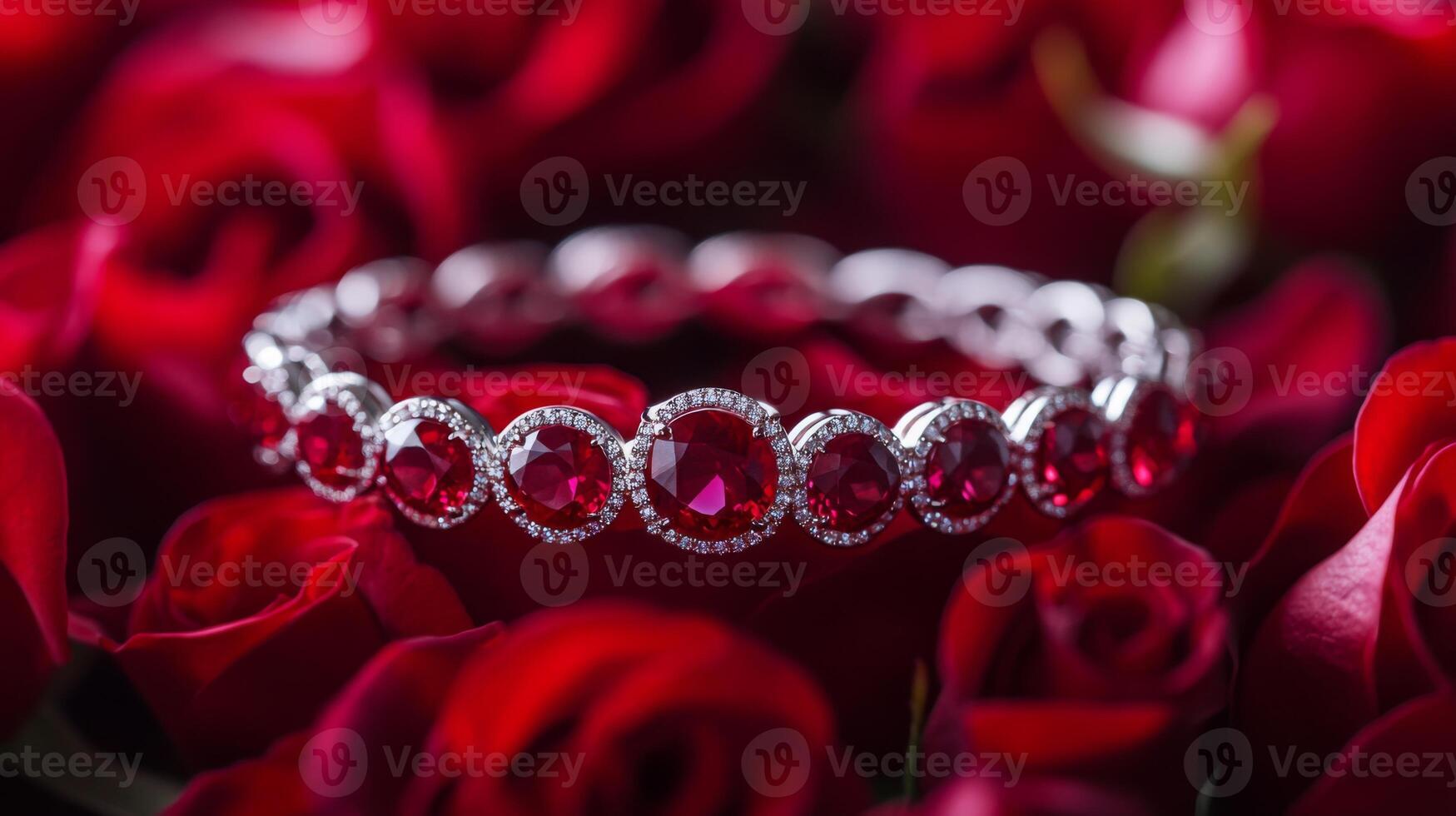 A stunning bracelet adorned with red gemstones is elegantly placed among a bed of rich red roses. The intricate design and sparkling gems create a luxurious visual experience. photo