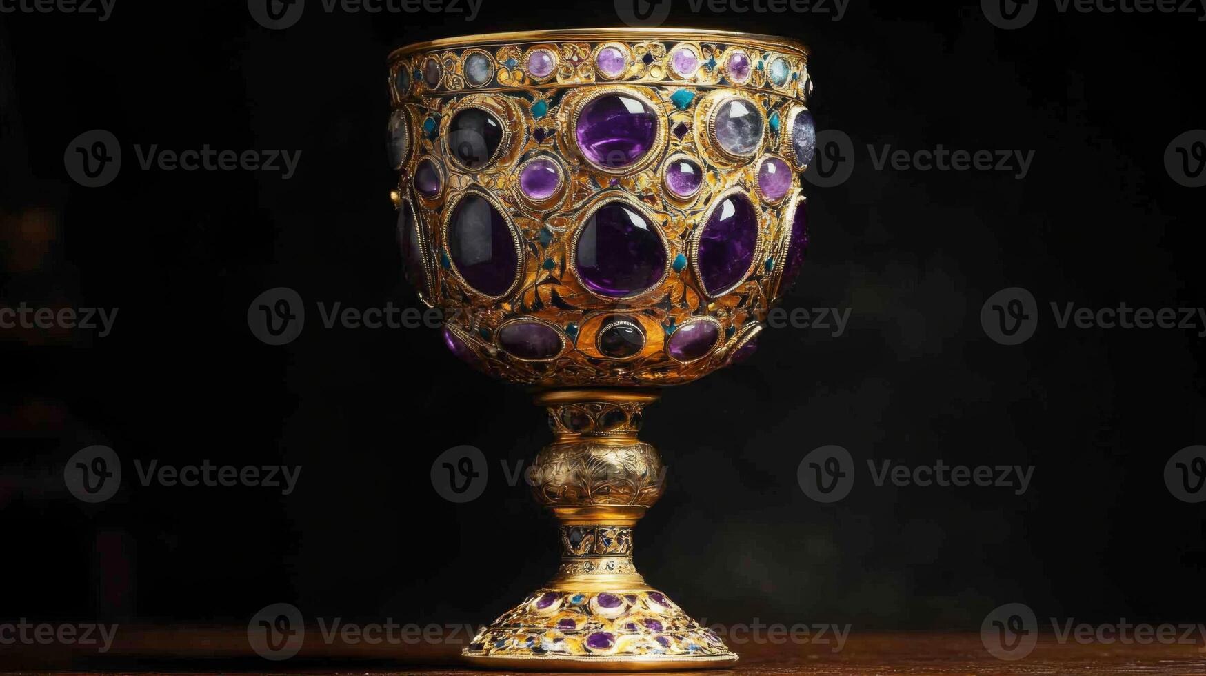 A beautifully crafted goblet holds an array of vibrant gemstones set in gold, catching the light elegantly. photo
