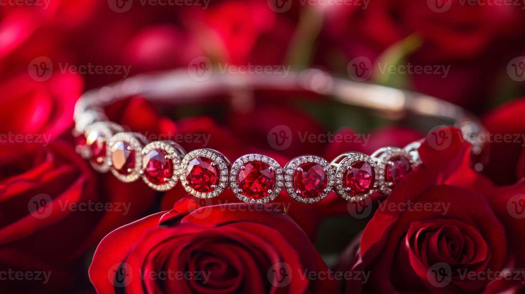 A stunning bracelet adorned with sparkling gemstones is elegantly placed among velvety red roses. The vivid colors create a romantic atmosphere perfect for special occasions or gifts. photo