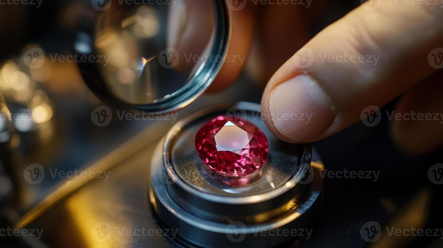 A skilled artisan inspects a bright ruby gemstone using a magnifying lens, showcasing the intricate details of the jewel. The workshop is filled with tools enhancing gem evaluation. photo
