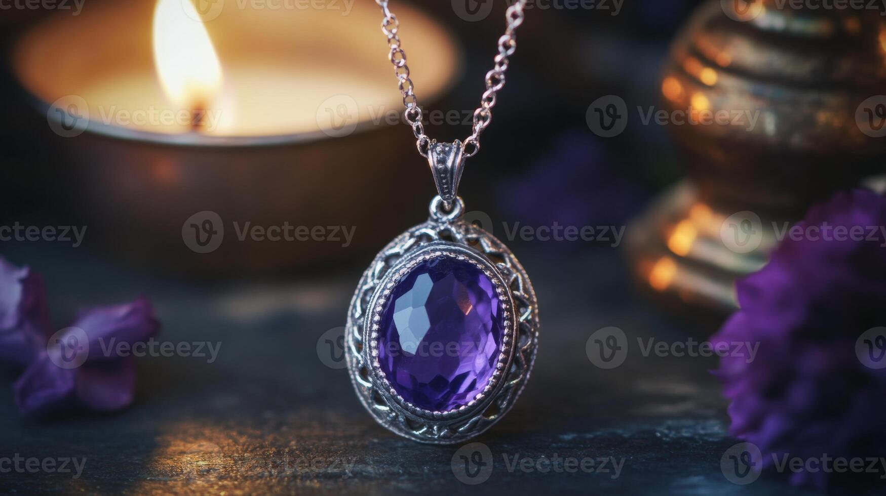 A stunning amethyst pendant hangs elegantly on a delicate chain, illuminated by soft candlelight. photo