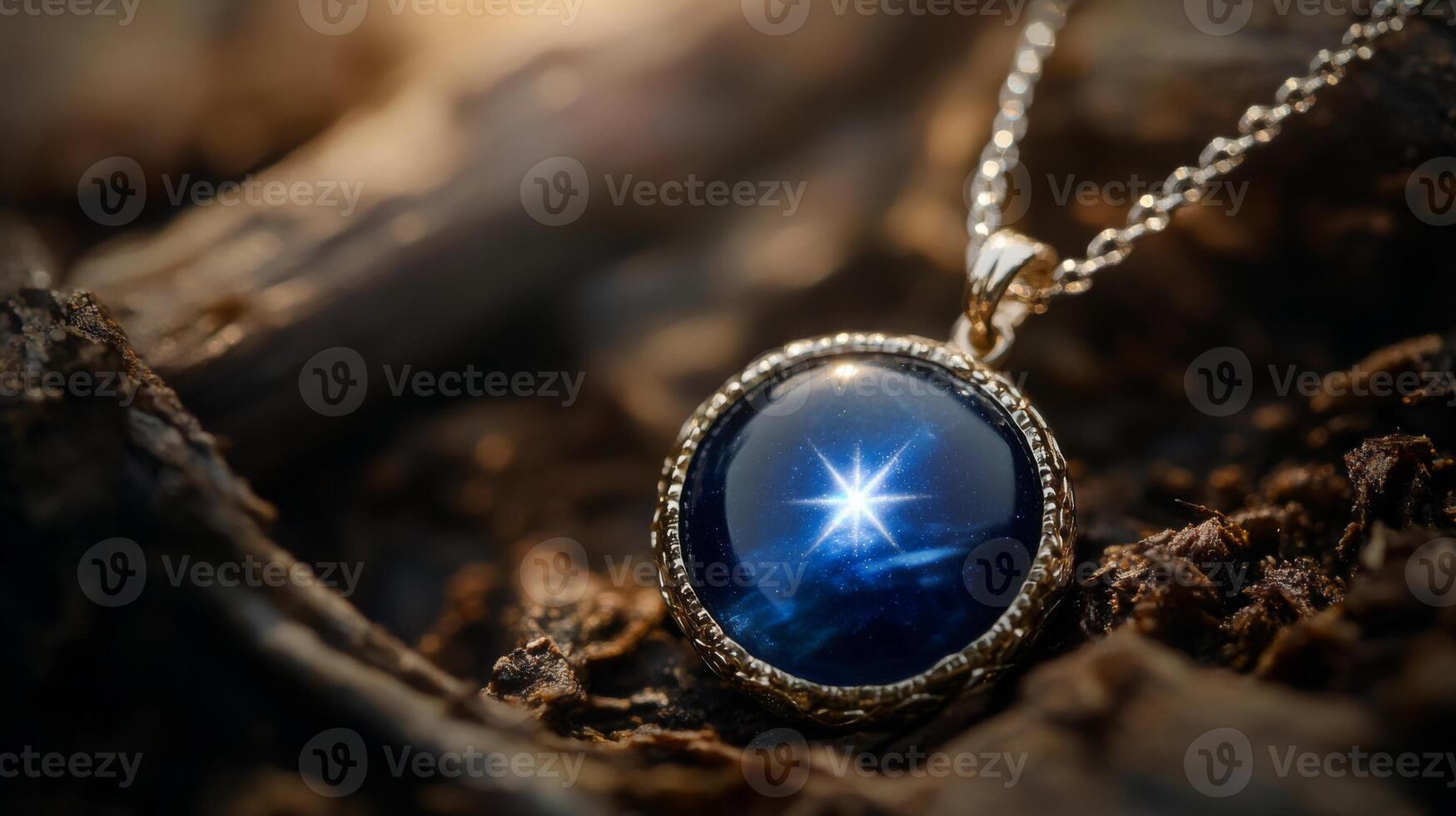 The gemstone pendant features a deep blue color, radiating a brilliant star-like reflection. It rests elegantly on a textured, earthy surface, illuminated by warm, soft lighting. photo