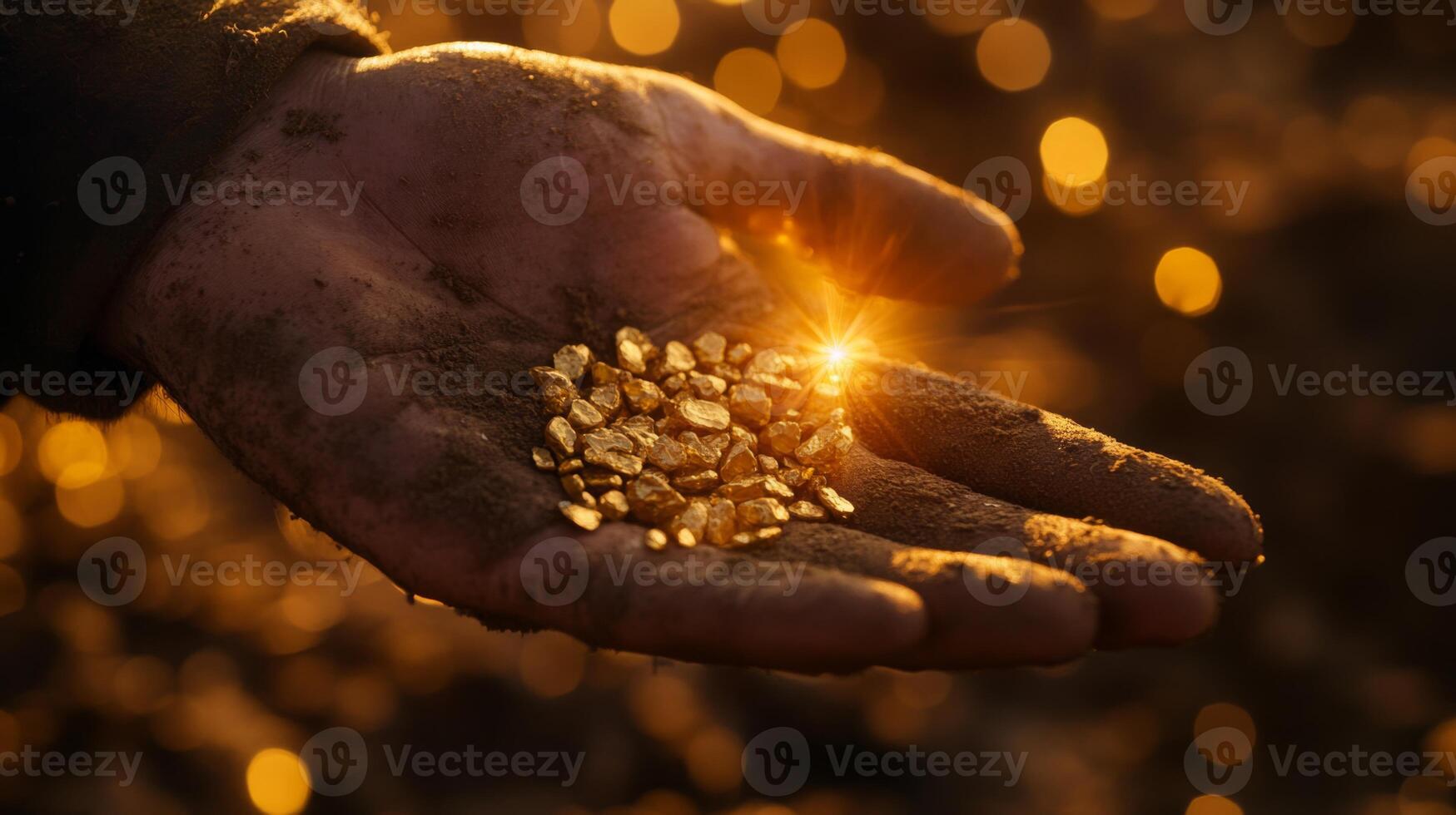 A hand holds a collection of gleaming golden gemstones sparkling in sunlight. The dusty background hints at a recent outdoor exploration, with warm colors enhancing the treasure's allure. photo