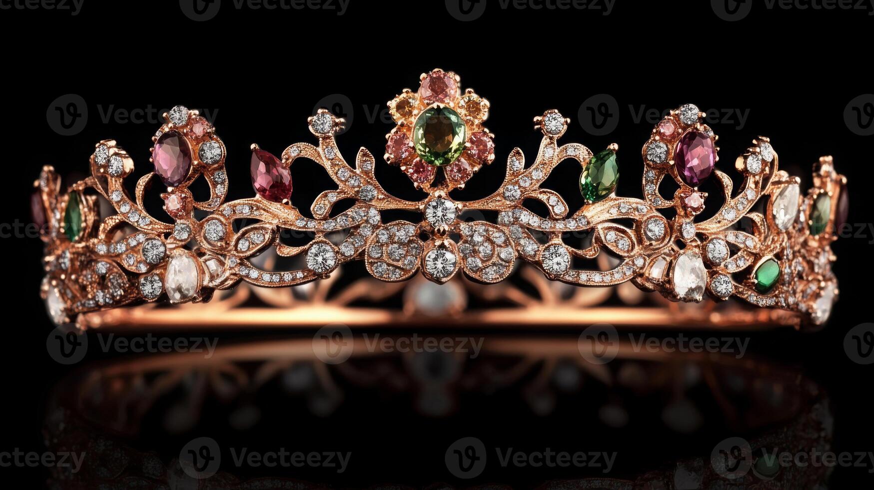 A stunning crown featuring a blend of vivid gemstones set in ornate metalwork. This piece showcases luscious greens, pinks, and sparkling diamonds, highlighting craftsmanship and elegance. photo