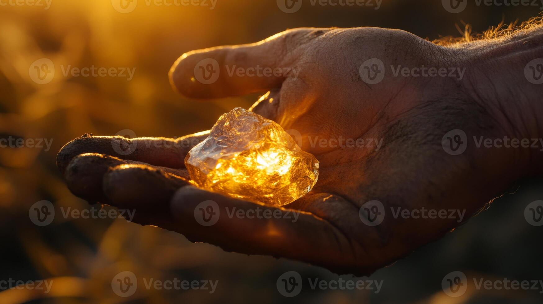 A person holds a sparkling gemstone in their hand, illuminated by golden sunlight during dusk. The background features a natural setting, enhancing the gemstone's brilliance and beauty. photo