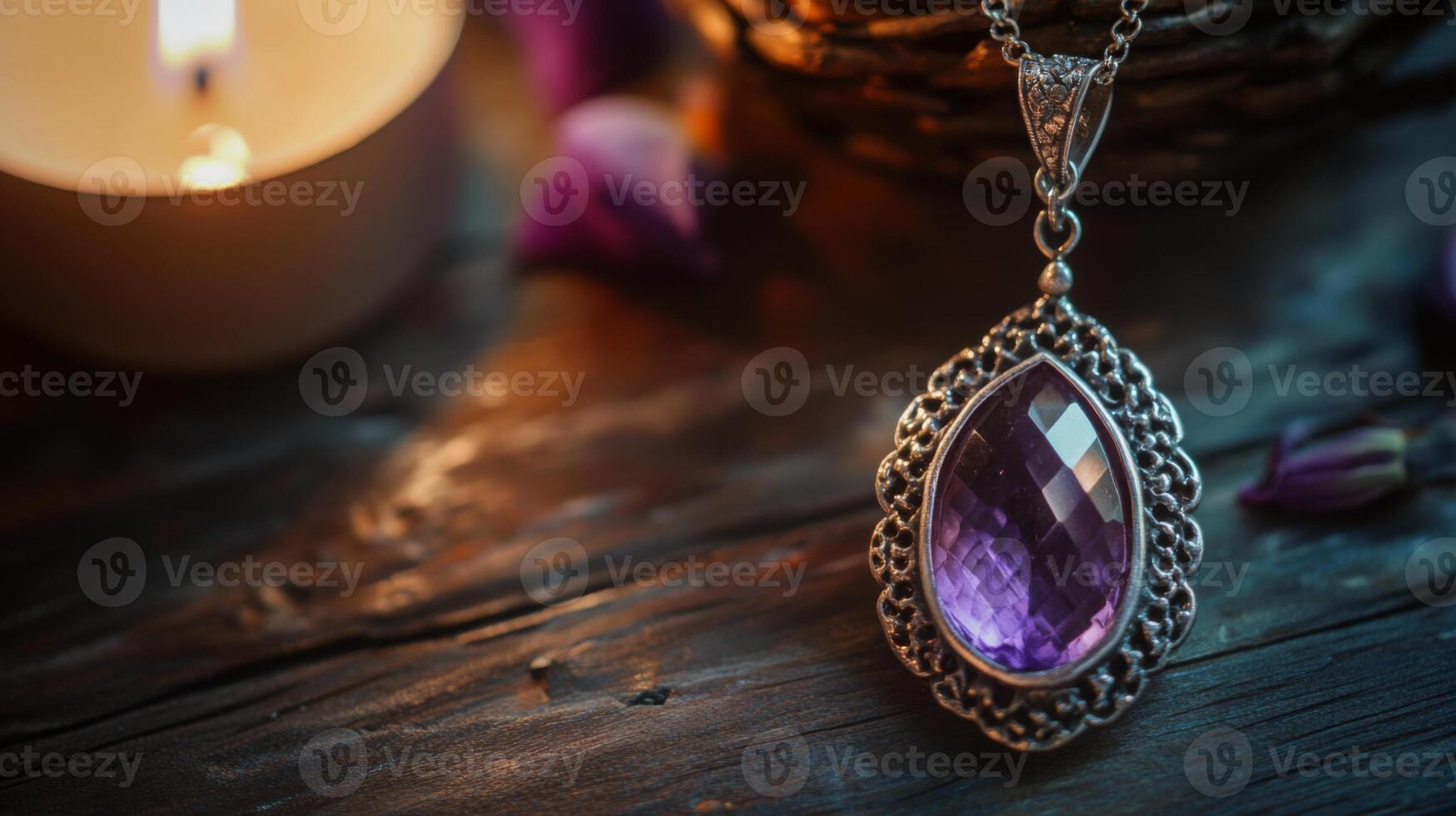 A beautifully crafted silver pendant featuring a teardrop-shaped amethyst gemstone hangs against a rustic wooden surface. Soft candlelight and scattered flower petals enhance the serene atmosphere. photo