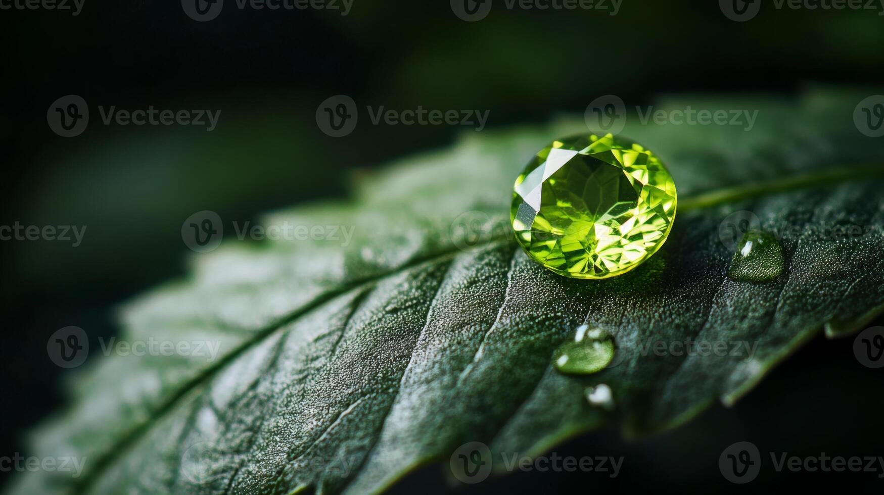 A vibrant green gemstone is perched on a textured green leaf, surrounded by small droplets of water. photo