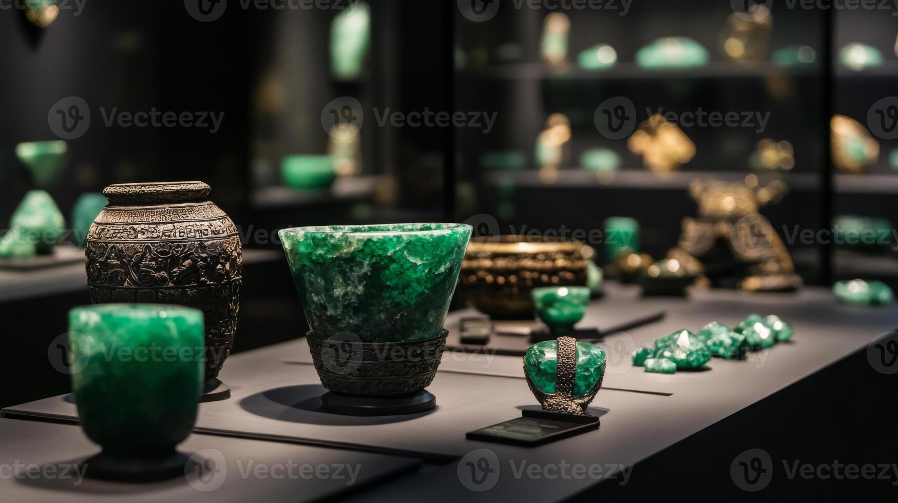 A fascinating collection of green gemstones and intricate artifacts showcased under soft lighting. photo