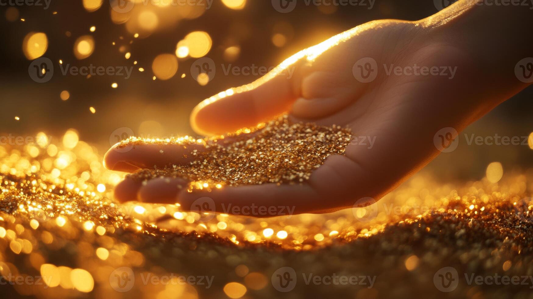 A hand holds shimmering gemstones, capturing golden sunlight as particles dance in the air. The vibrant glow emphasizes the beauty of nature in a serene outdoor setting. photo