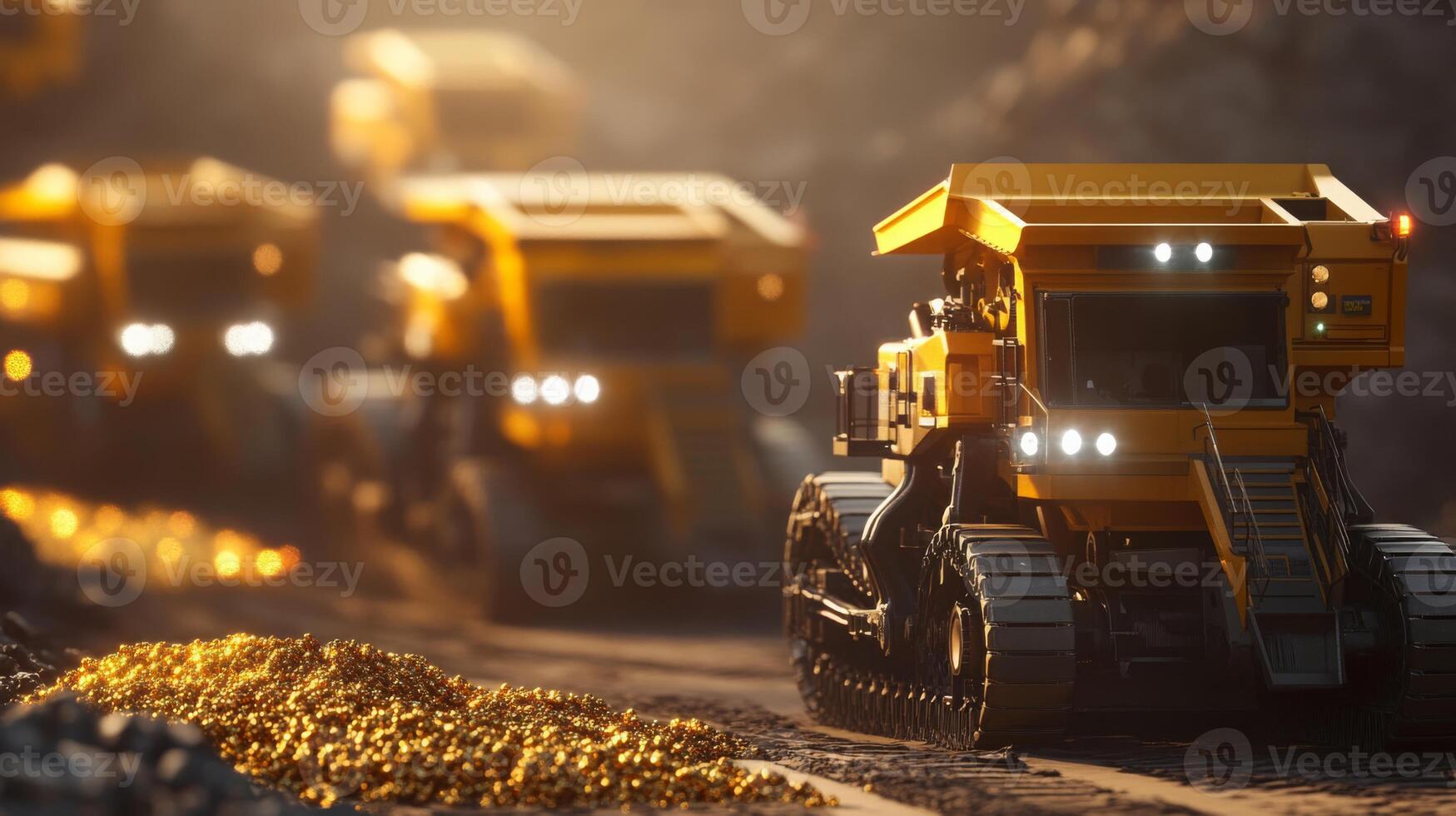 Heavy machinery operates in a gemstone mining site, skillfully digging through earth and transporting valuable materials. photo