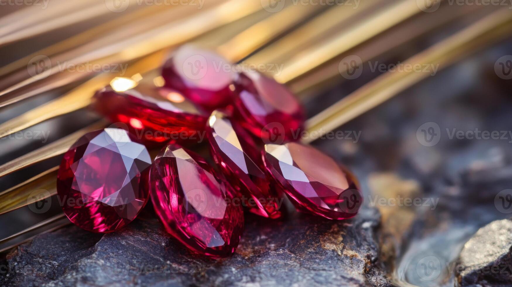 A stunning display of polished red gemstones lays on a rough textured surface, elegantly surrounded by strands of gold wire, showcasing their brilliance and intricate facets. photo