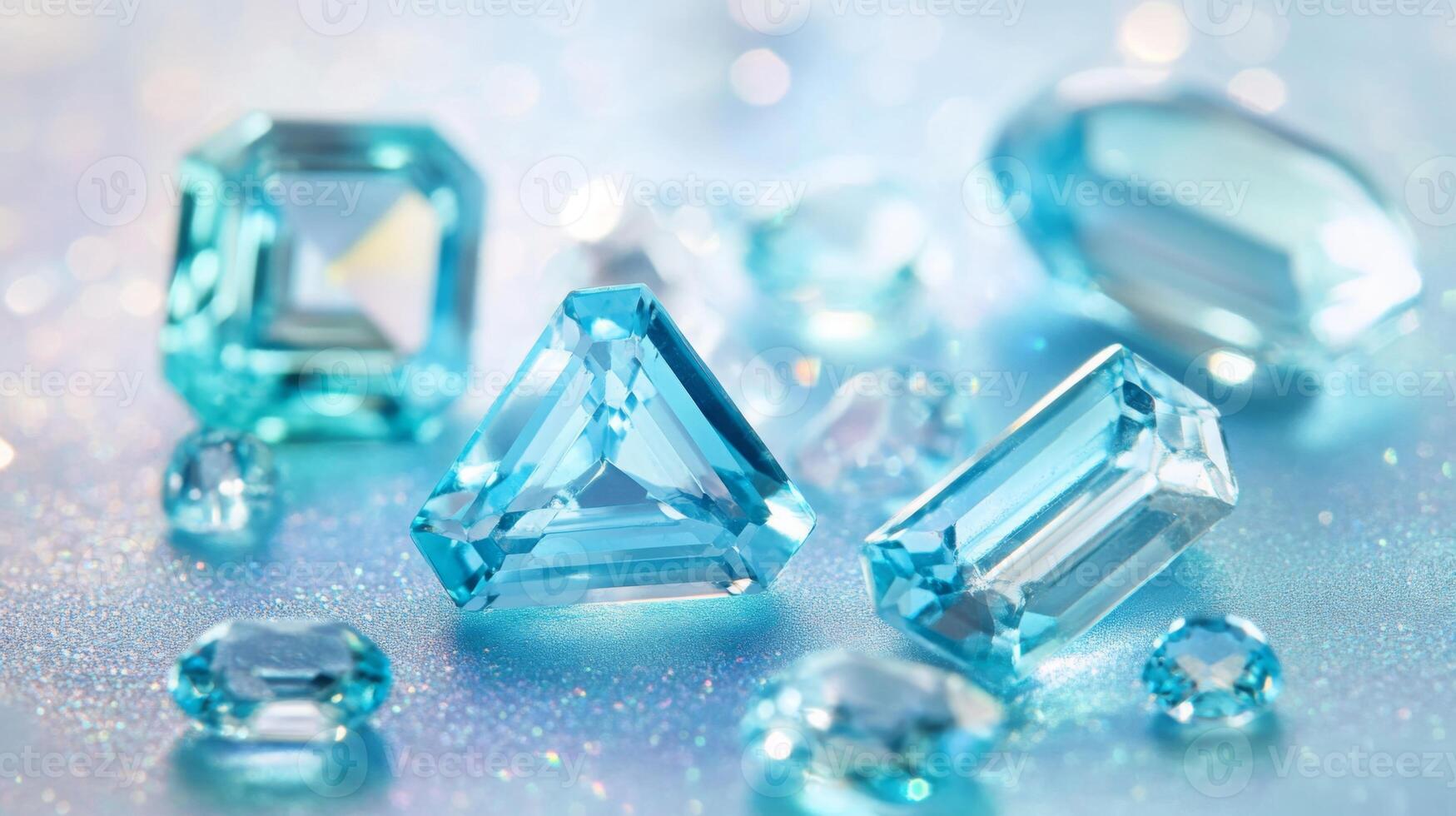 Various blue gemstones of different shapes and sizes are arranged aesthetically on a sparkling background. The stones capture light, creating a dazzling effect and highlighting their unique features. photo