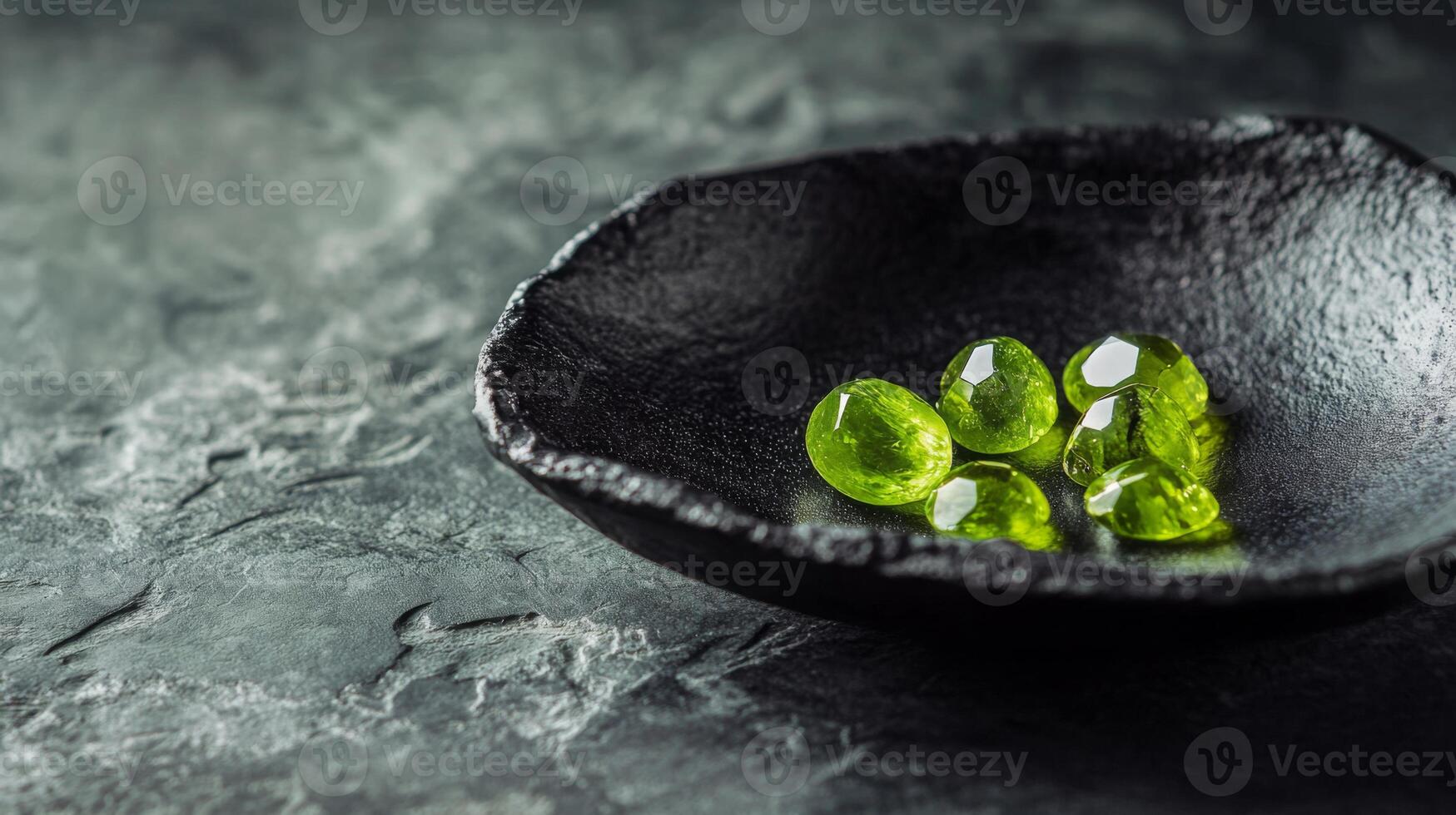 Five striking green gemstones are arranged on a textured black dish, showcasing their glossy surfaces and natural shapes. The dark backdrop enhances their vivid hues and intricate details. photo