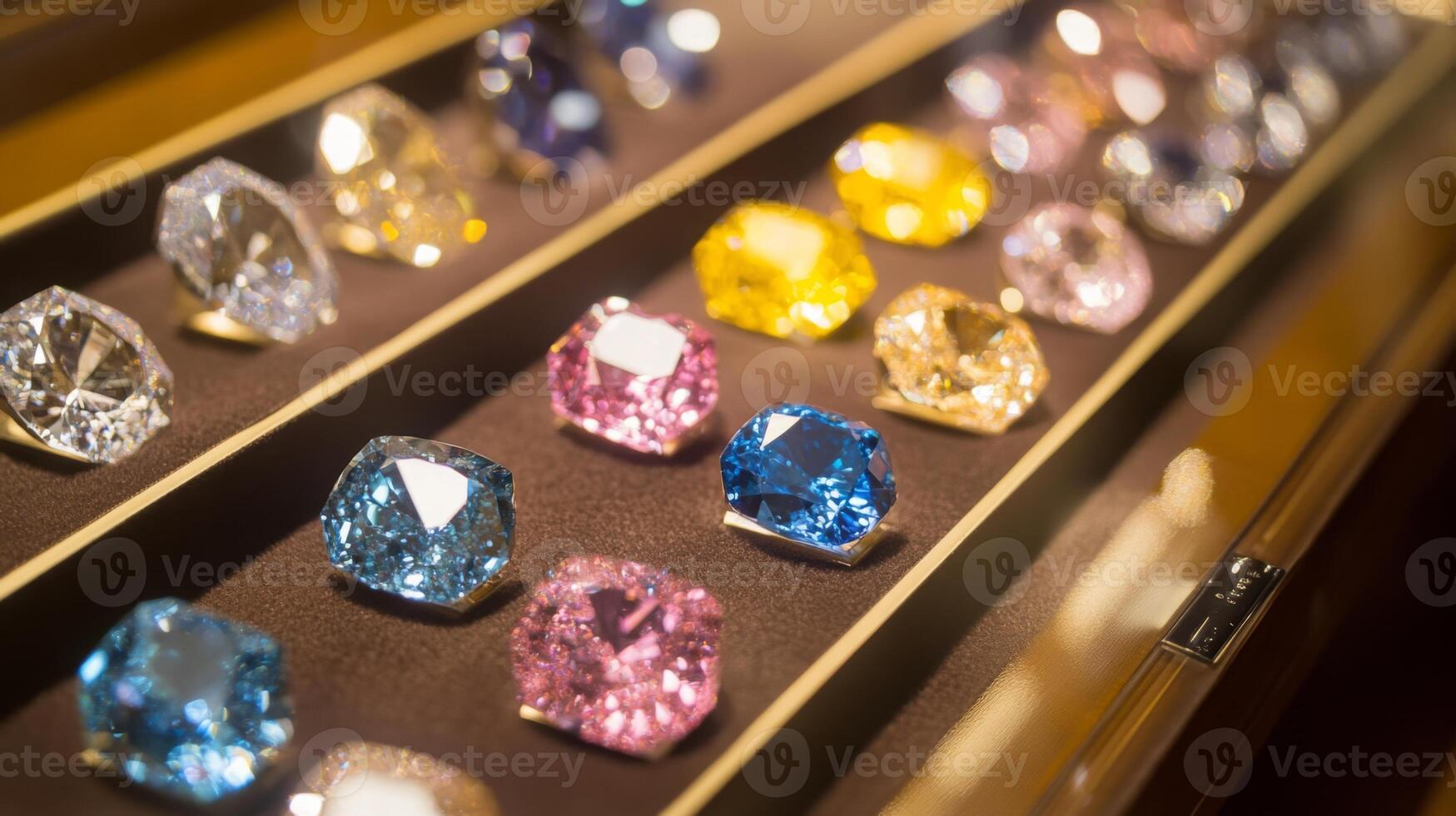 A variety of vibrant gemstones are elegantly arranged in a luxury showcase. Each stone glistens under the soft lighting, showcasing different shapes and colors for customers to admire. photo