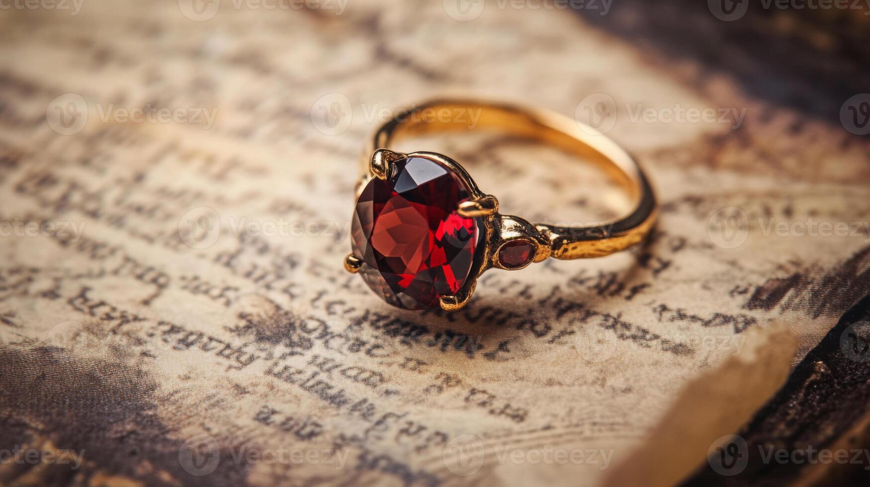 A detailed gold ring with a striking red gemstone is elegantly placed on a piece of weathered parchment. The contrast highlights the ring's design and the parchment's texture. photo