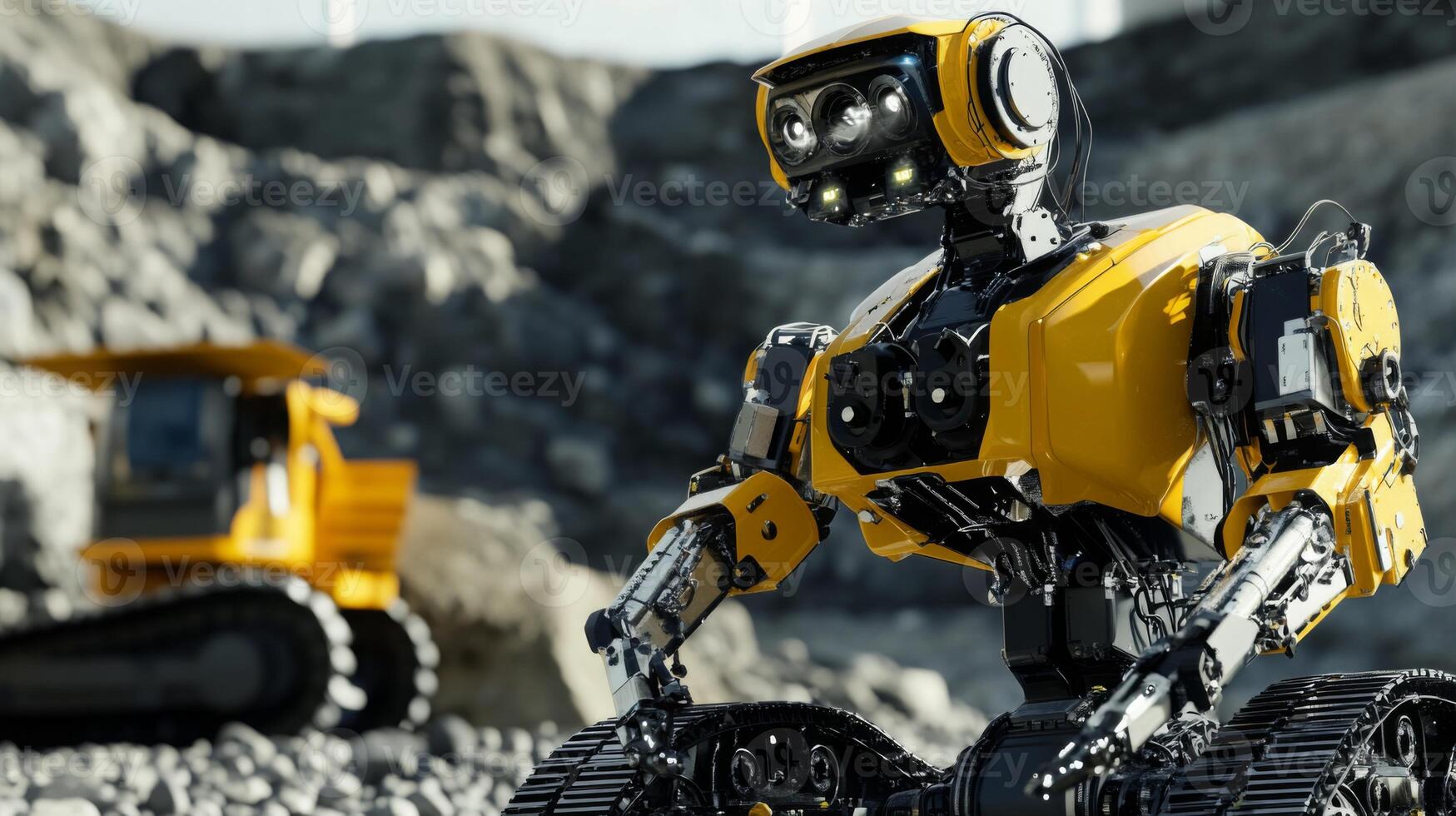 A robotic machine, designed for gemstone extraction, operates in a mining site. The backdrop features large machinery, highlighting a futuristic mining operation focused on efficiency and precision. photo
