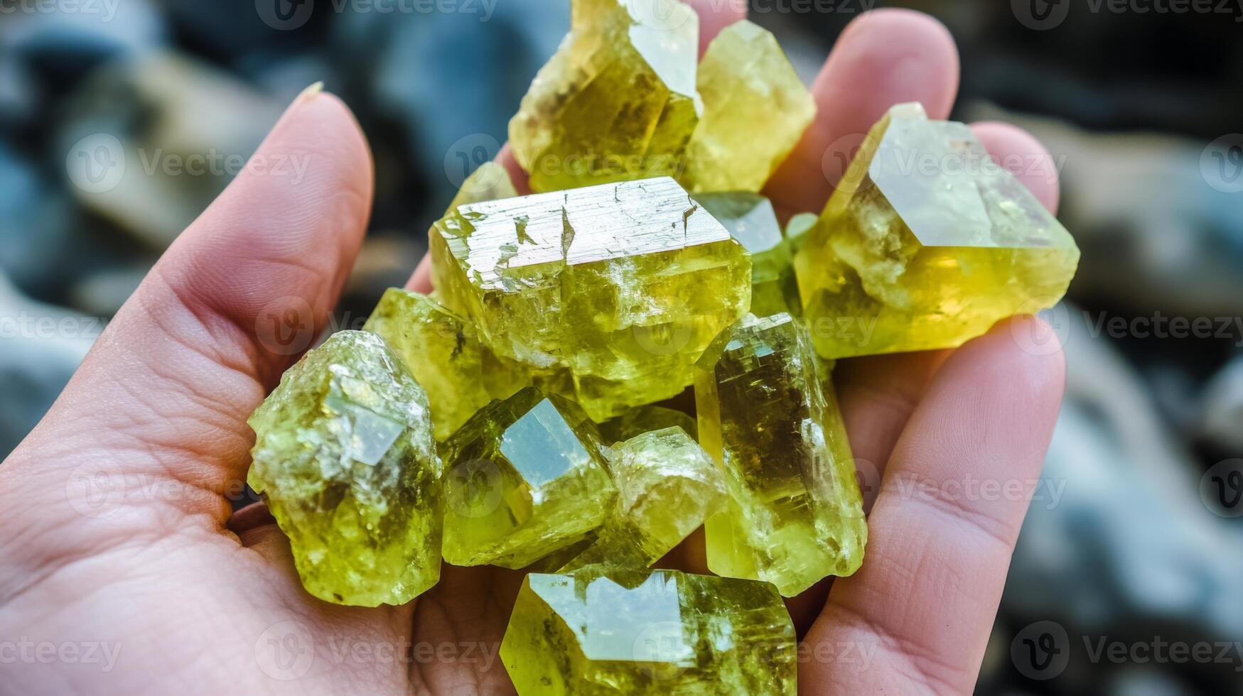 Hand holding a cluster of sparkling yellow gemstones reflecting sunlight, showcasing their unique shapes and translucent qualities. photo