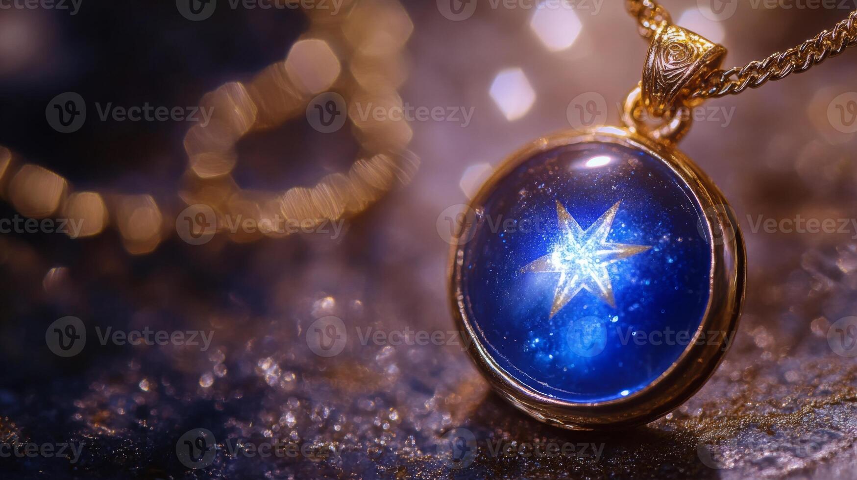 A stunning blue gemstone pendant dangles from a delicate gold chain, showcasing a radiant star design that sparkles beautifully in soft light, highlighting its exquisite craftsmanship. photo