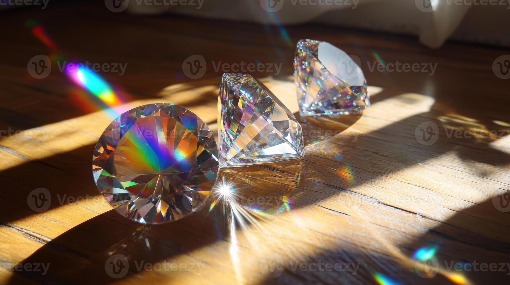 Three sparkling gemstones rest on a wooden floor, illuminated by bright sunlight creating vibrant rainbows. Their sharp facets and unique shapes catch the light, enhancing the colorful display. photo