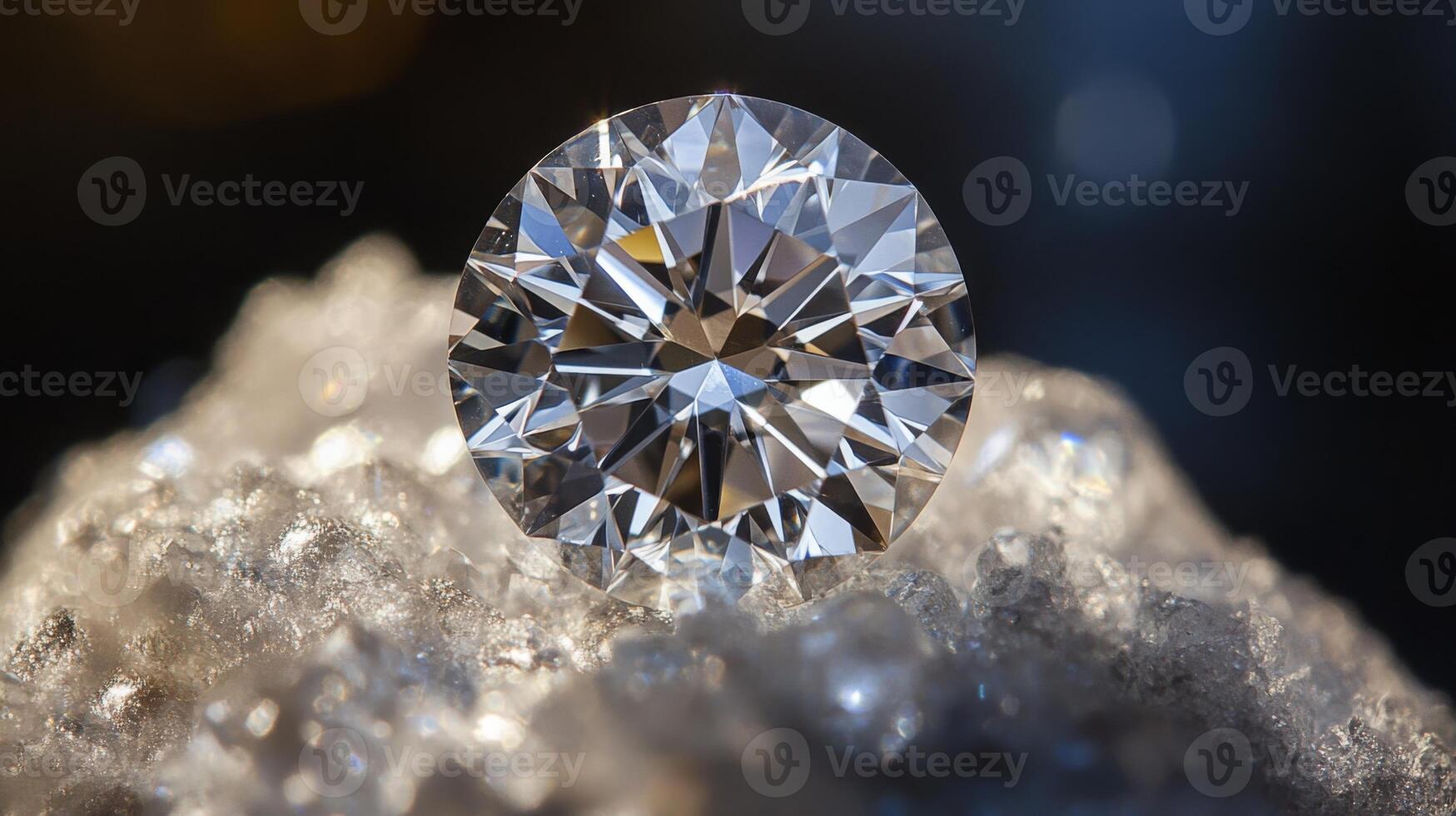 A bright gemstone shines vibrantly as it rests atop clear quartz crystals, reflecting light in a mesmerizing display. The setup highlights the intricate facets and brilliance of the jewel. photo