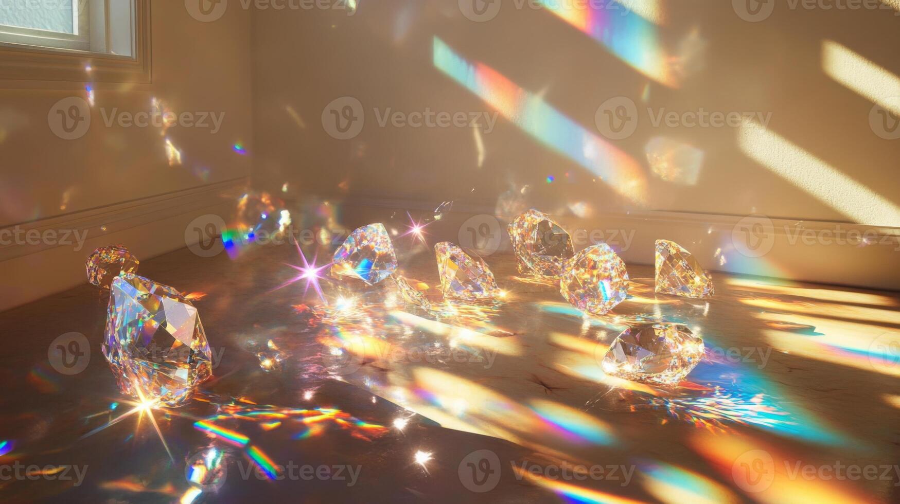 Sunlight pours through a window, illuminating various gemstone fragments scattered on the floor. The light creates vibrant patterns, showcasing the beauty and brilliance of each gemstone. photo