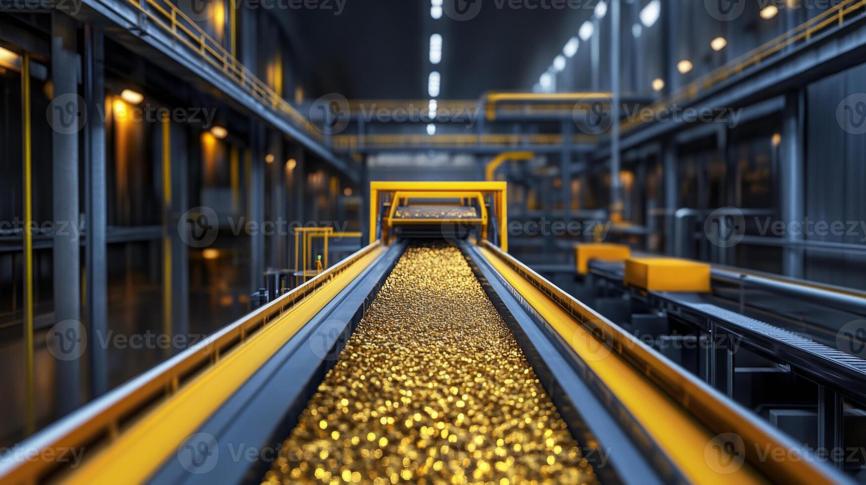 A modern gemstone processing facility showcases vibrant machines transporting gleaming gemstones along a conveyor belt. photo