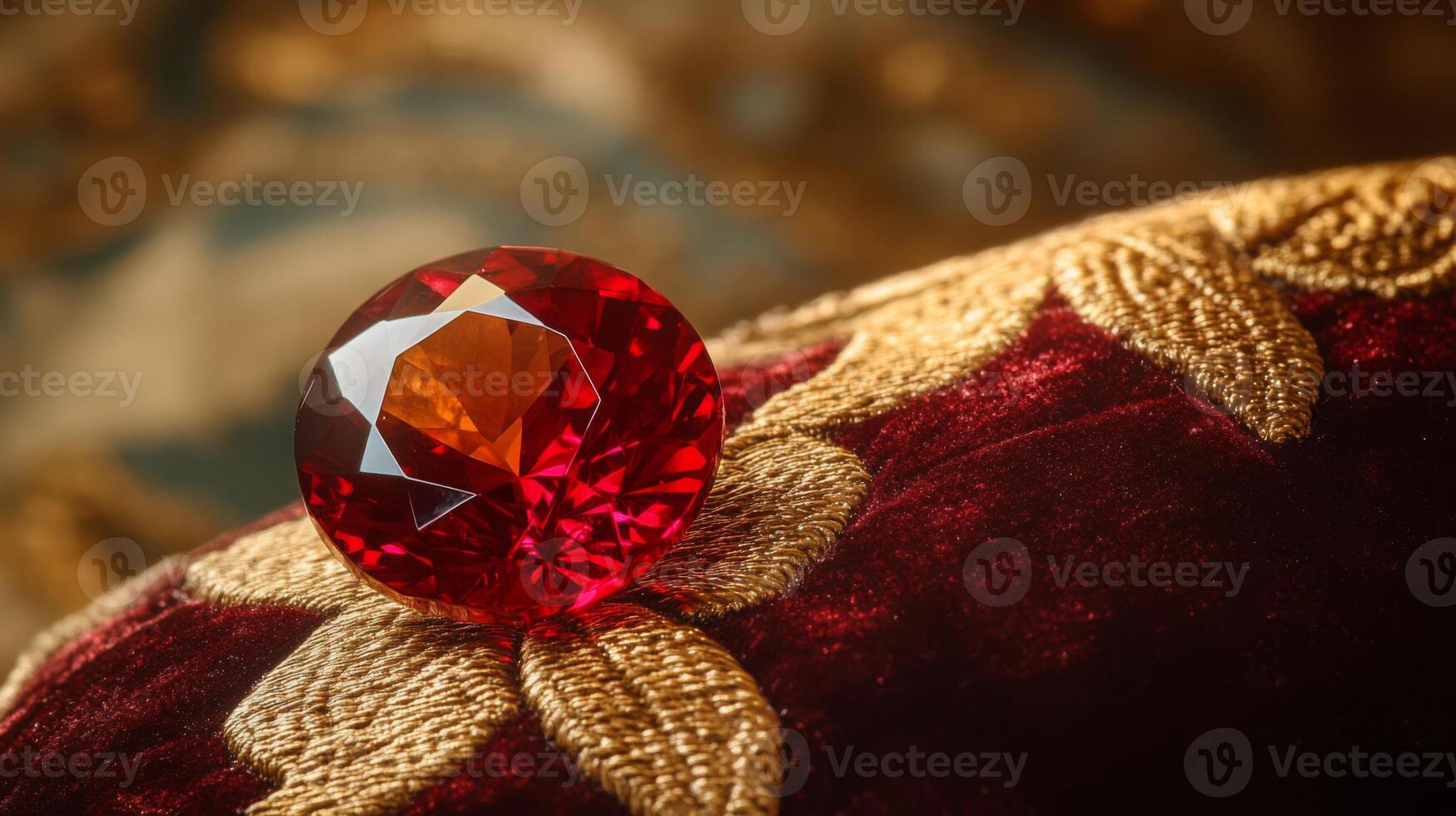 A vibrant red gemstone showcases its brilliance as it rests on elaborate gold-patterned fabric. The luxurious background enhances the jewel's captivating allure, reflecting opulence and beauty. photo