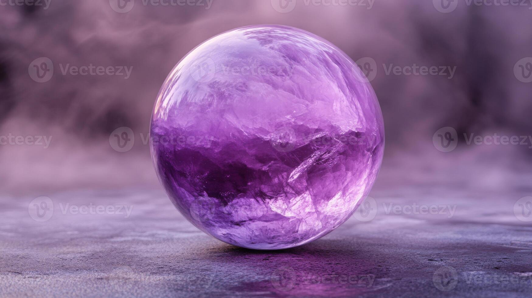 A stunning purple gemstone sphere sits peacefully on a soft surface, surrounded by a dreamy mist. The translucent stone shimmers, reflecting light and creating an enchanting ambiance. photo