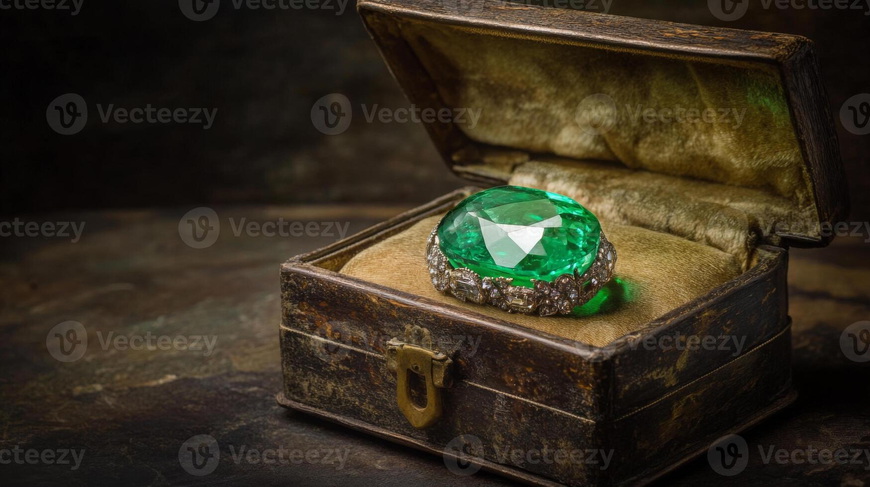 An exquisite emerald gemstone rests on a soft, velvety lining inside a vintage jewelry box. The deep green color and faceted surface reflect light beautifully, showcasing its brilliance. photo