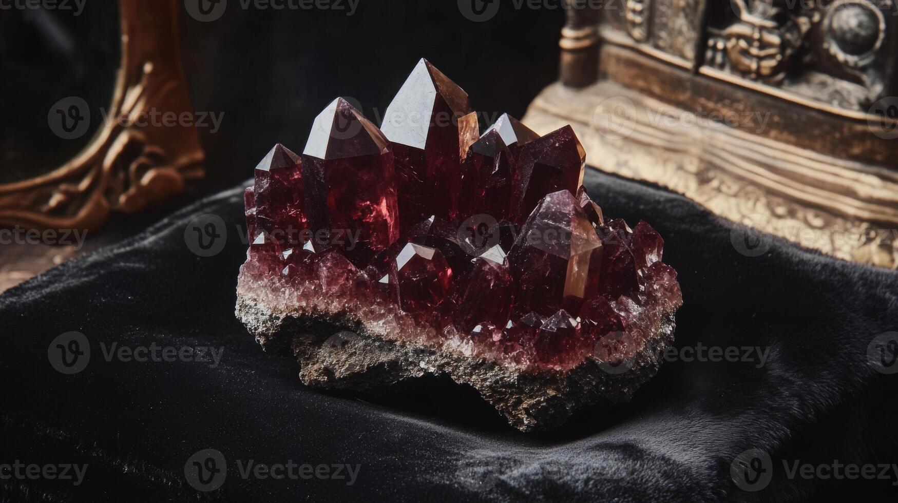 A cluster of deep red gemstones glistens on a velvet fabric, showcasing sharp, pointed formations. photo