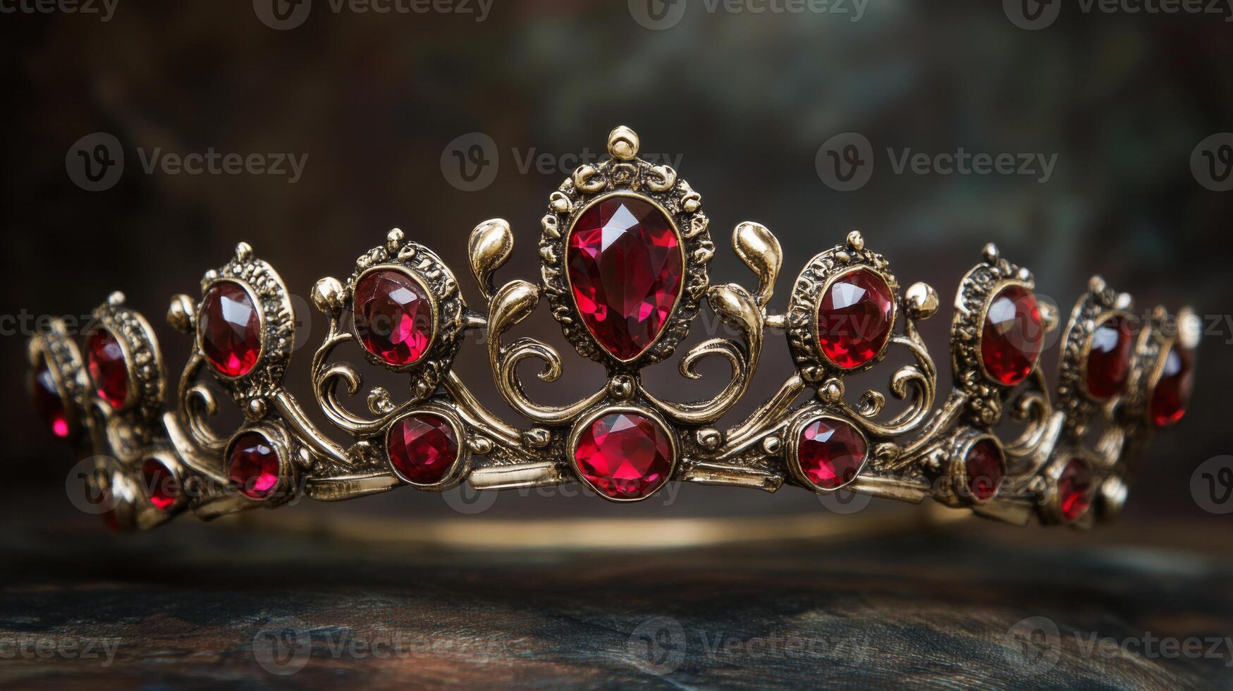 A stunning crown showcases beautifully crafted red gemstones, intricately arranged in a vintage design. The rich colors stand out against a shadowy backdrop, highlighting the gems' brilliance. photo