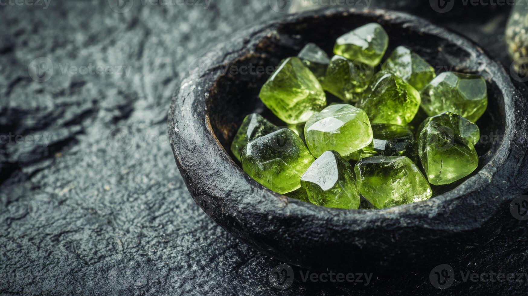 Bright green gemstones are carefully placed in a deep bowl resting on a rough, dark stone surface. The arrangement showcases the unique shapes and transparent qualities of each stone. photo