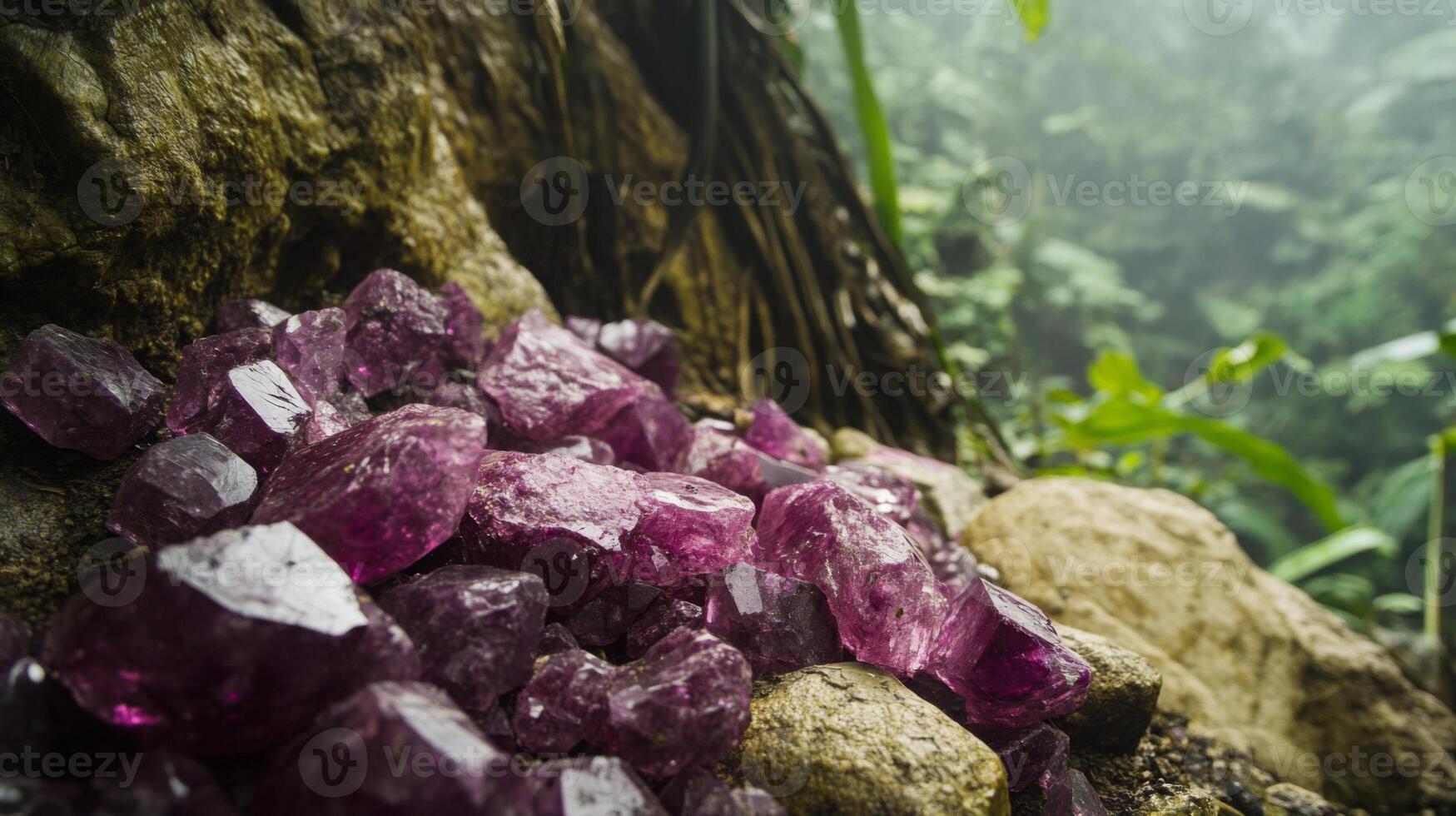 Vibrant purple gemstones are scattered on the ground beneath a dense canopy of a rainforest. The area is shrouded in mist, creating a serene atmosphere, while the foliage surrounds the stones. photo
