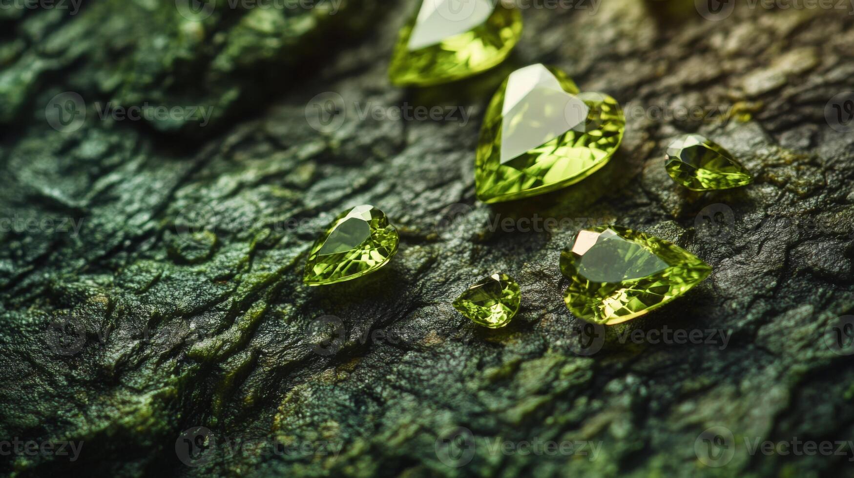 Beautiful green gemstones glimmer in various shapes, resting on a textured natural surface. The play of light highlights their clarity and color, creating an elegant display in a serene setting. photo