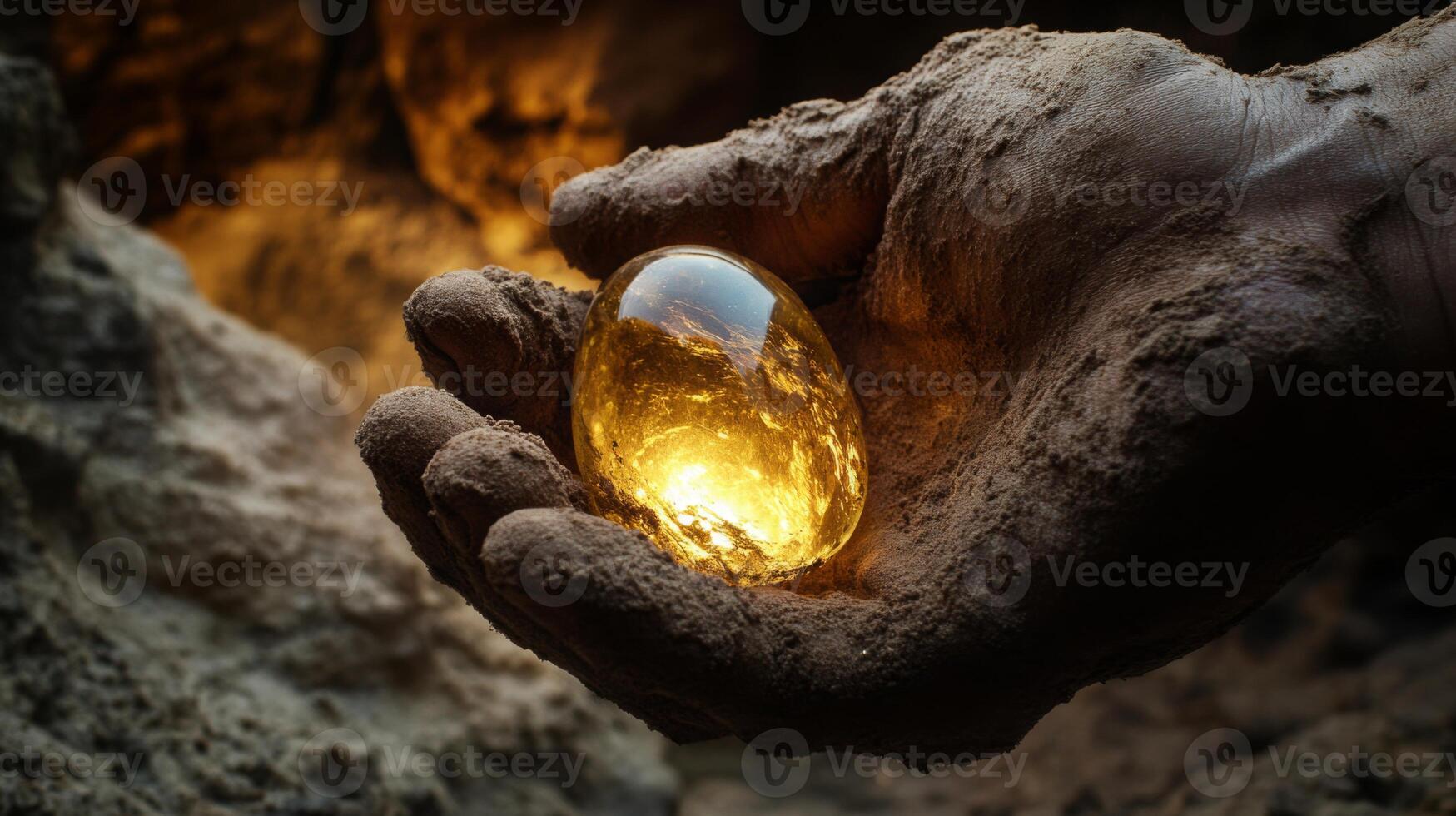 A hand emerges from the earth, holding a stunning yellow gemstone that glows softly in natural light. The rugged surroundings contrast with the smooth surface of the stone, highlighting its allure. photo