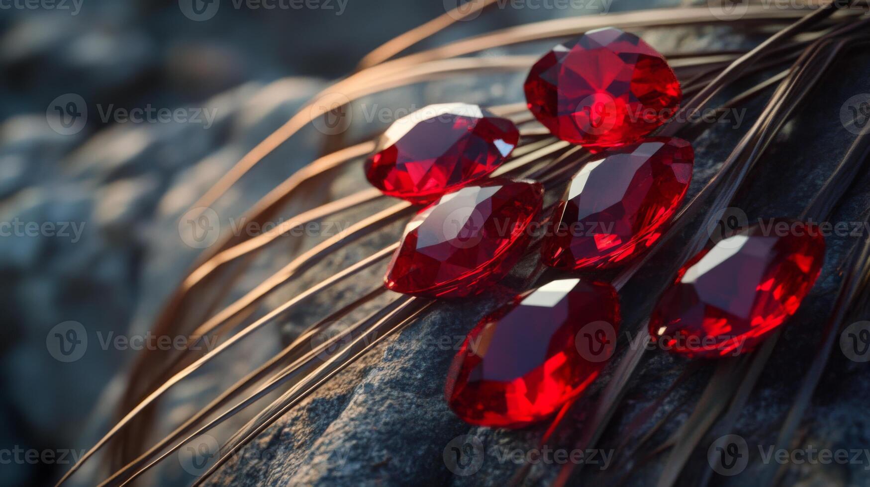 Breathtaking red gemstones are elegantly arranged on rugged rocks, complemented by delicate natural fibers. The arrangement captures the essence of beauty and nature in a tranquil environment. photo