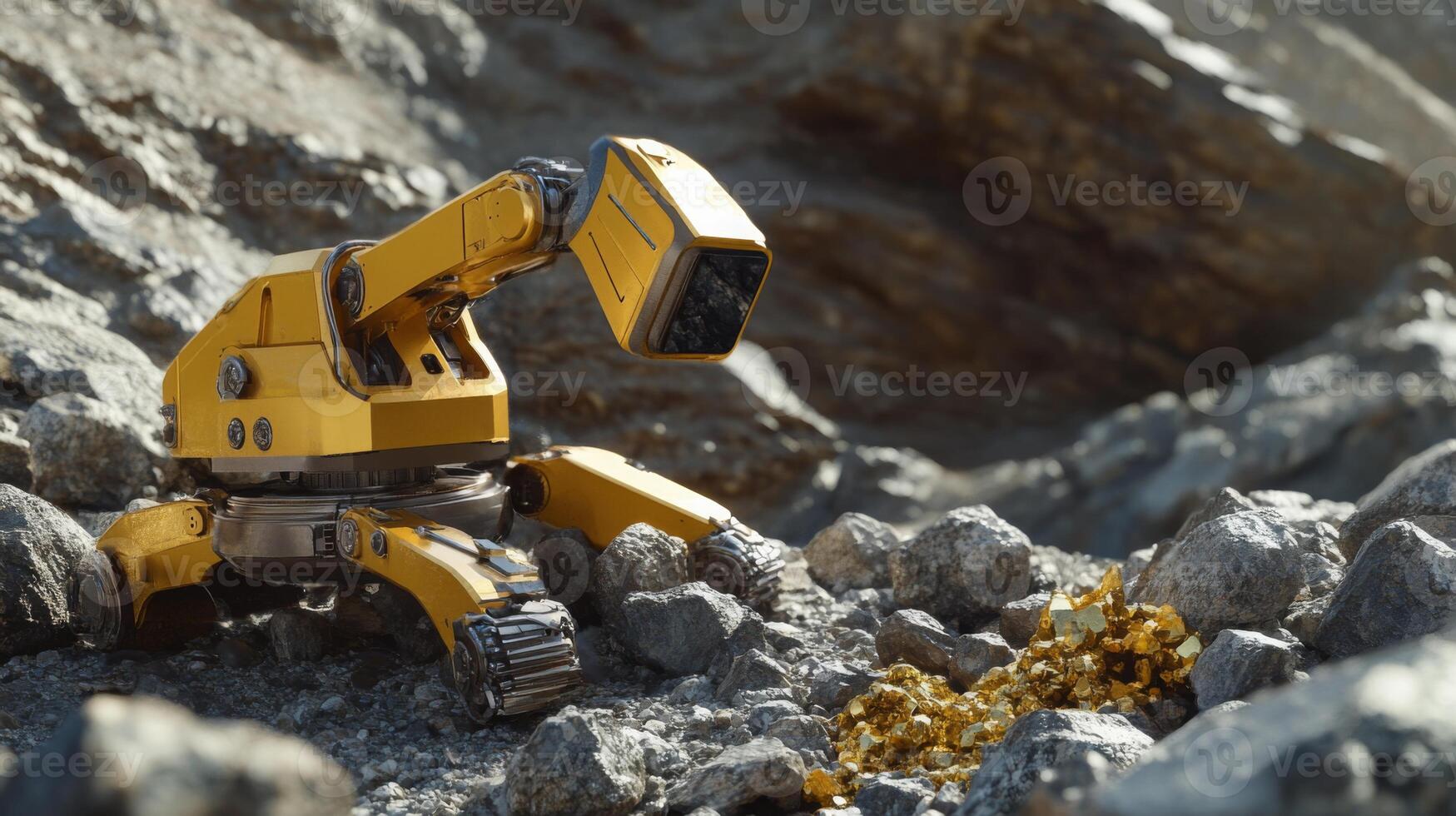 An autonomous robot equipped with advanced technology is exploring a rocky terrain, examining a pile of gemstones. photo