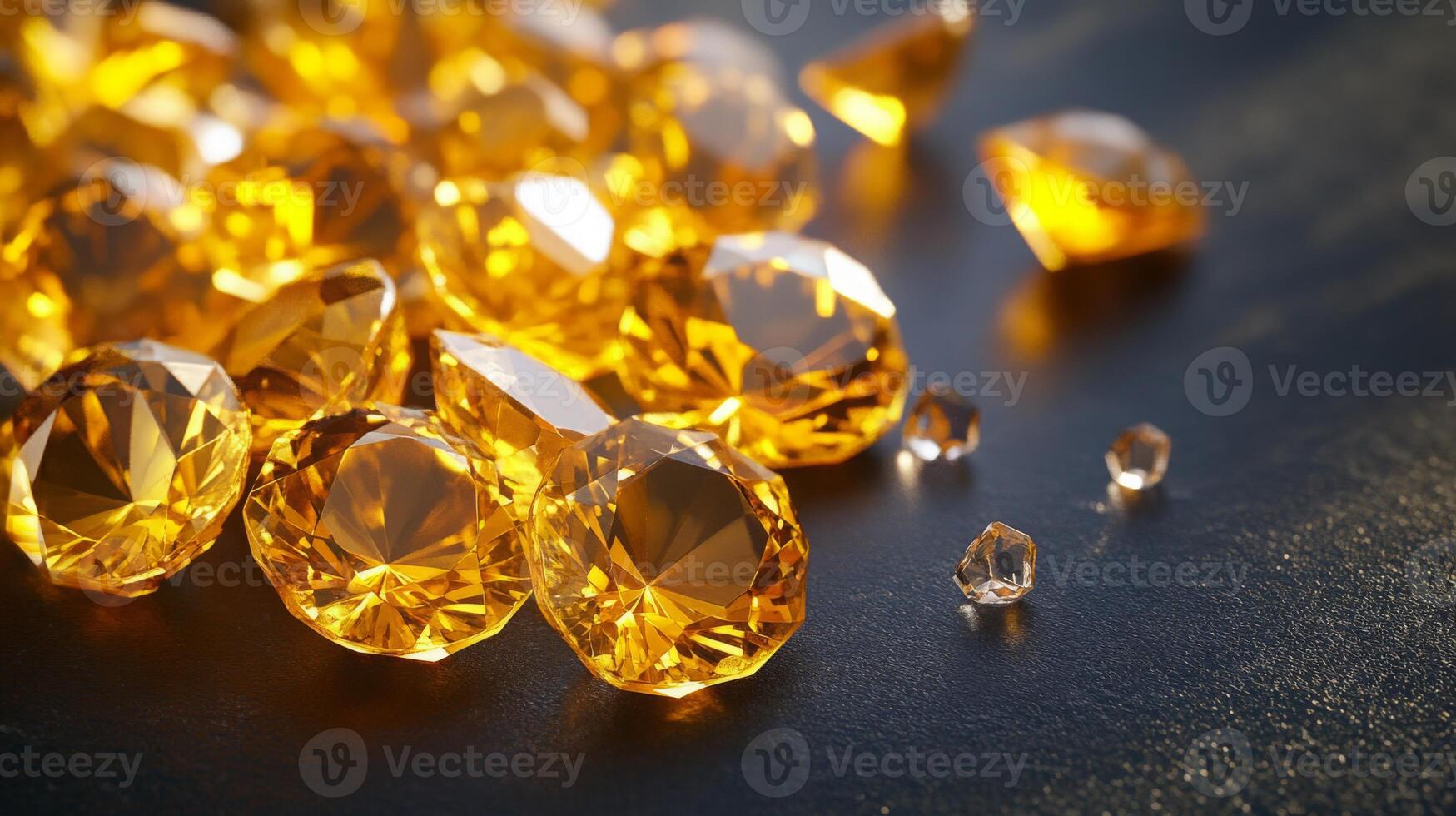 A collection of vibrant yellow gemstones catches the light beautifully as they are arranged haphazardly on a dark surface. Their brilliant facets enhance the dazzling effect in a captivating way. photo