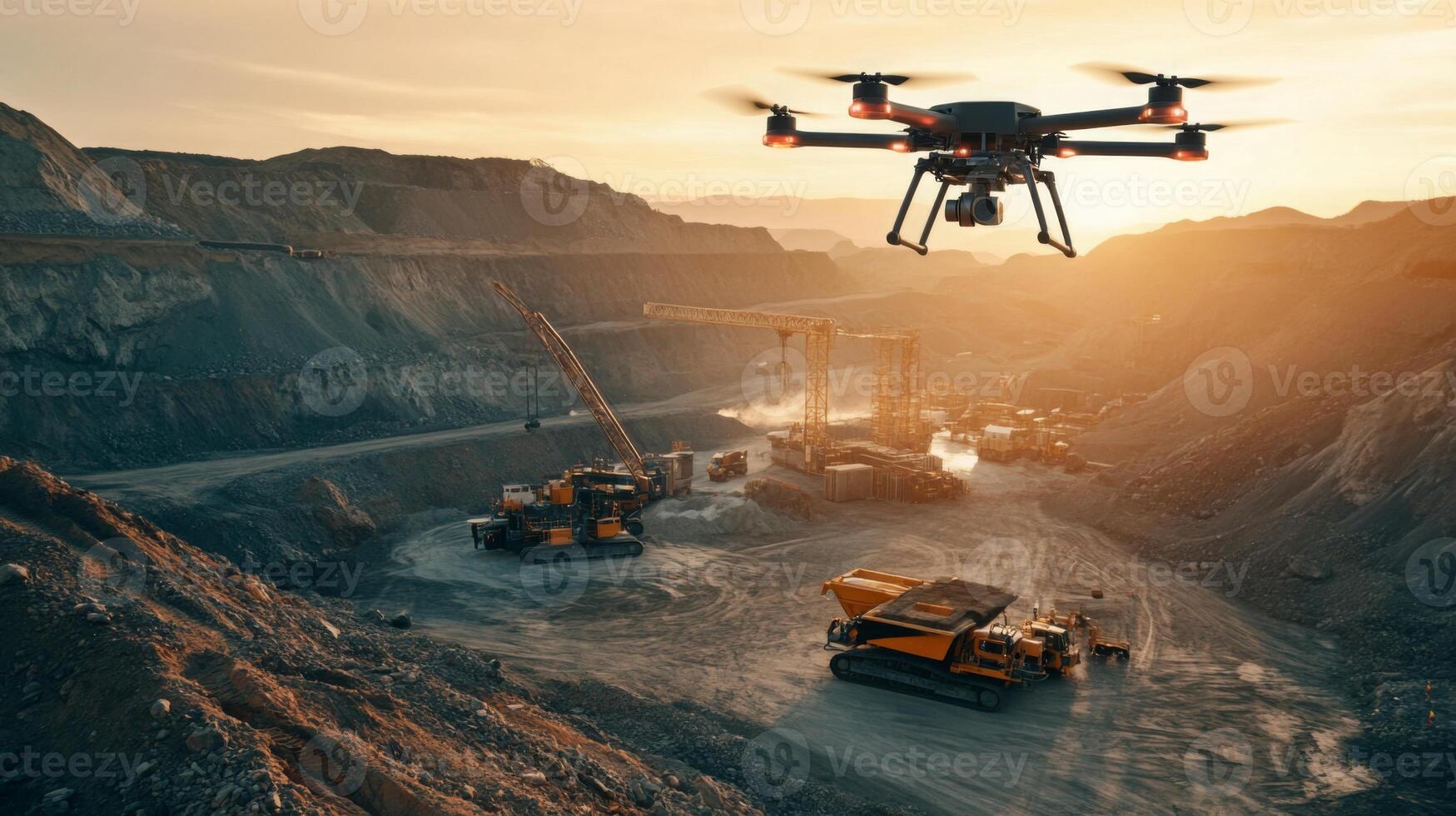 A drone surveys a gemstone mining site during sunset, capturing the expansive quarry filled with heavy machinery. Workers maneuver equipment, creating a dynamic atmosphere of industry and innovation. photo