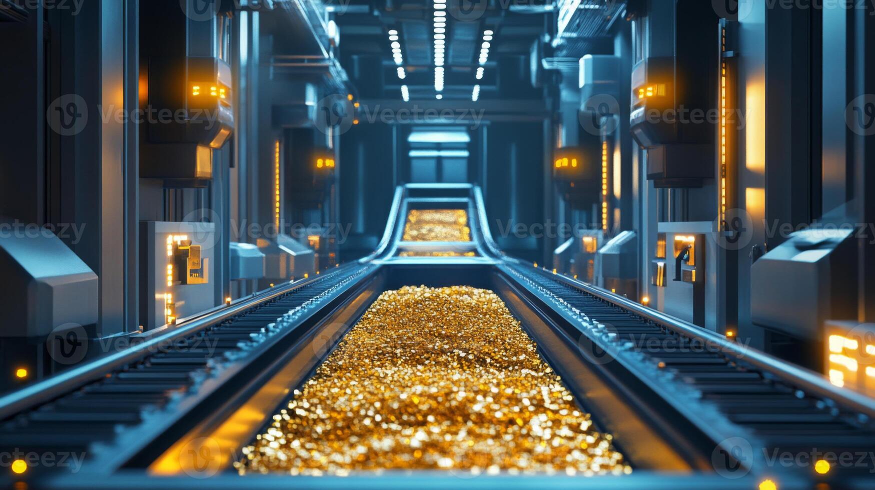 A state-of-the-art gemstone processing facility showcases an automated conveyor transporting glittering gemstones. photo