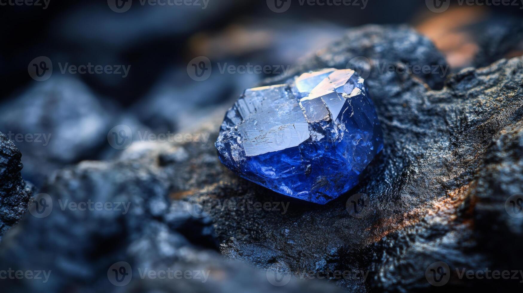A stunning blue gemstone rests prominently on a rugged black surface. The clear facets reflect light, showcasing its vibrant color and brilliance. This natural setting enhances the gem's beauty. photo
